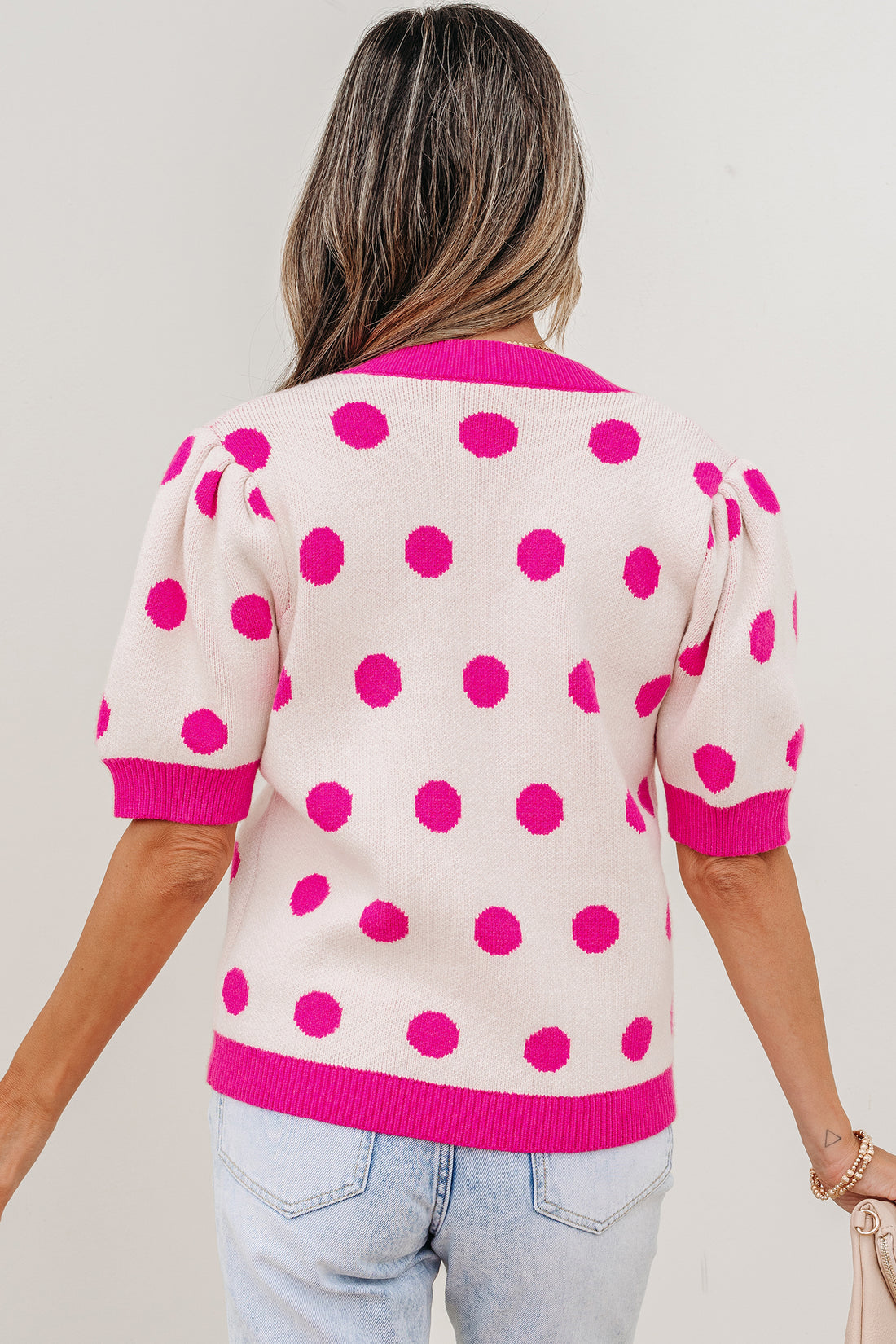 Pink Polka Dot Puff Short Sleeve Sweater Top