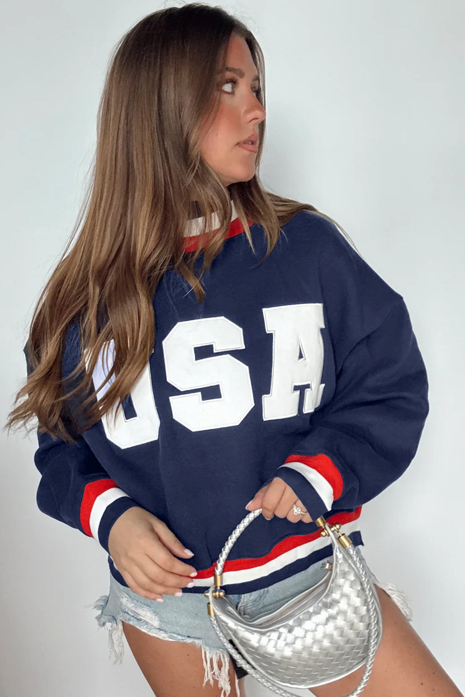Dirty blue USA Slogan Patch Embroidery Colorblock High Neck Long Sleeve Pullover Sweatshirt