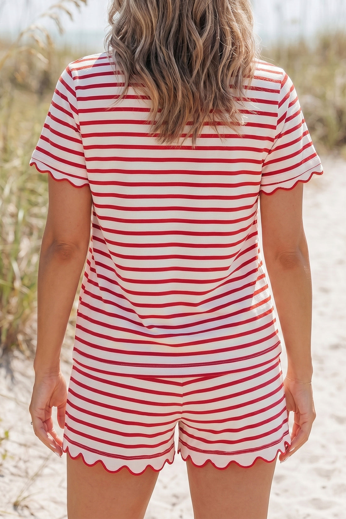 Red Stripe Scallop Hem Top Shorts Set