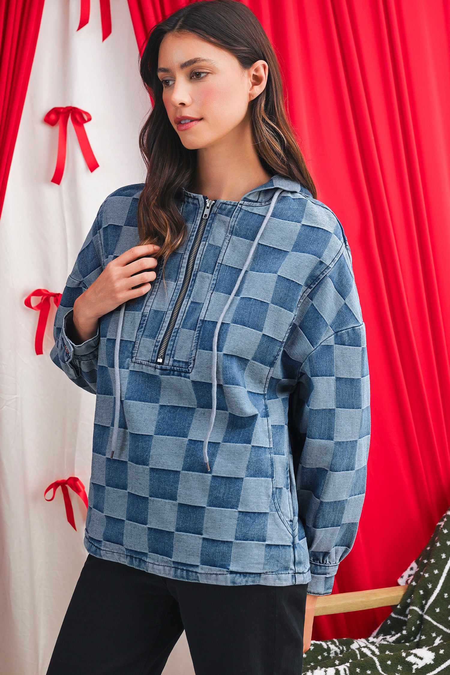 Sky Blue Checkerboard Zipped Collar Kangaroo Pocket Denim Hoodie