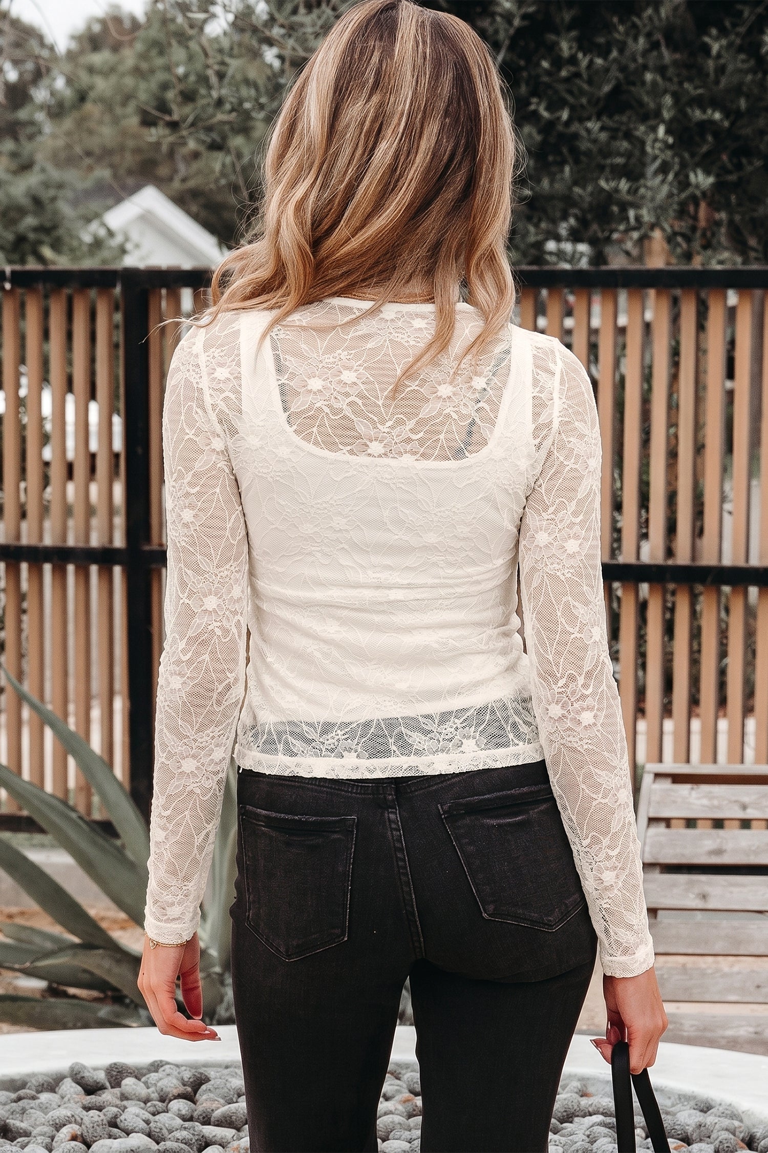 Beige Long Sleeve Sheer Mesh Lace Top