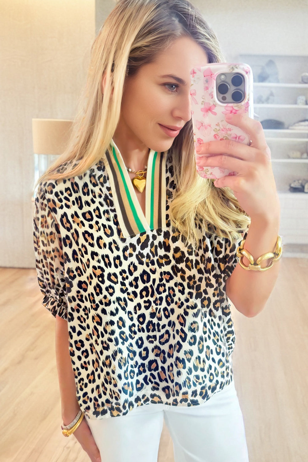 Sky Blue Leopard Color Block Contrast Striped V Neck Half Sleeve Loose Fit Blouse