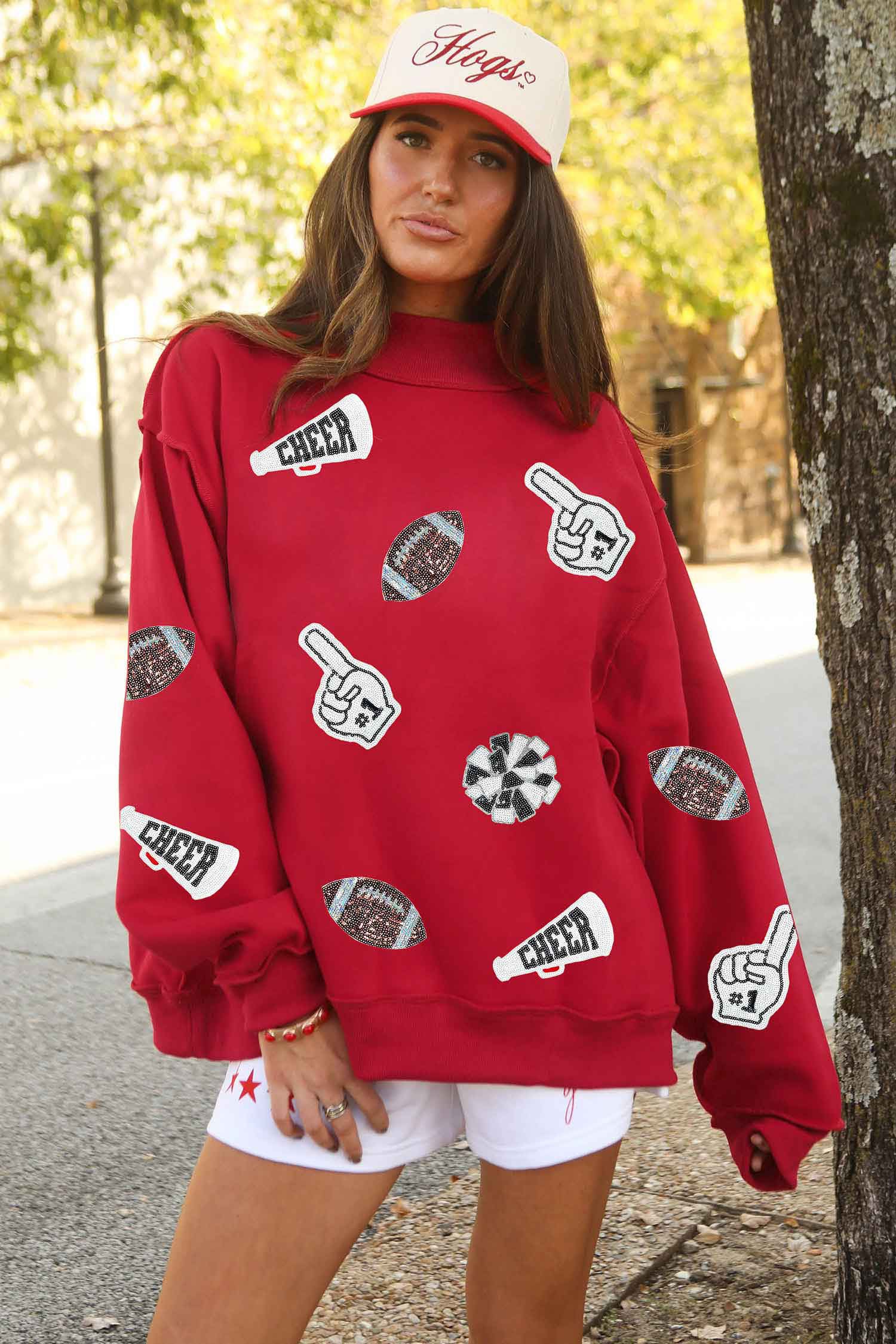Racing Red Exposed Seam Mock Neck Dropped Shoulder Sequin Game Day Cheer Sweatshirt