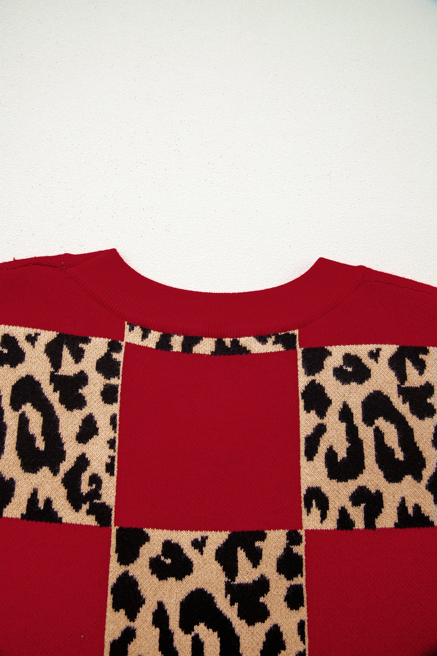 Green Plus Size Leopard Contrasted Checkered Short Sleeve Sweater