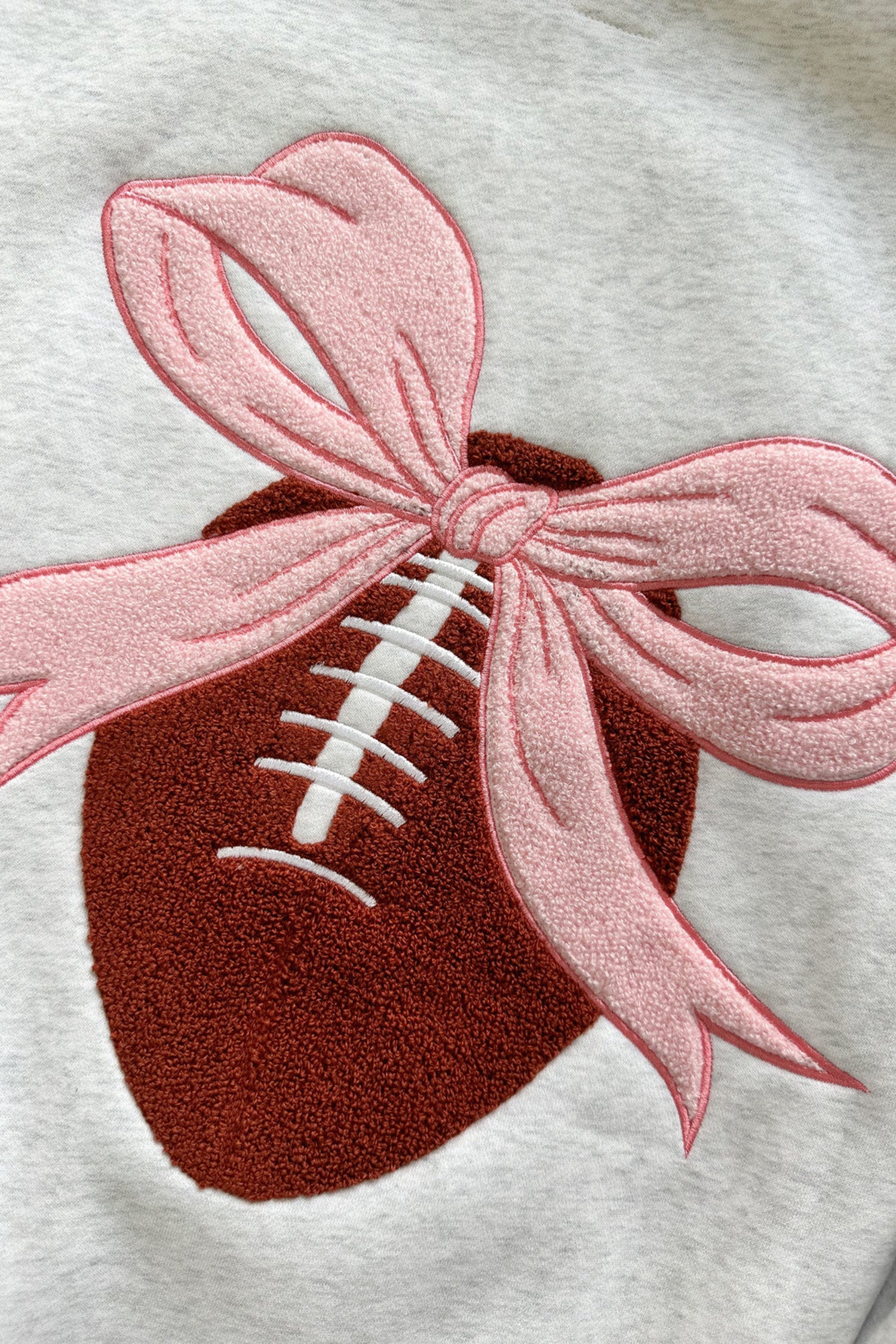 Light Grey Pearl Grey Pink Bow Football Game Day Embroider Sweatshirt