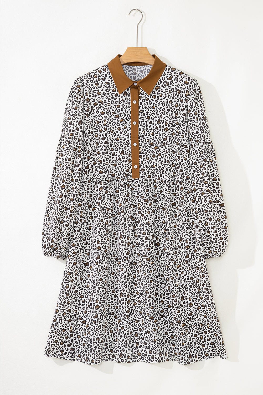 Khaki Plus Size Button V Neck Leopard Print Puff Sleeve Loose Mini Dress