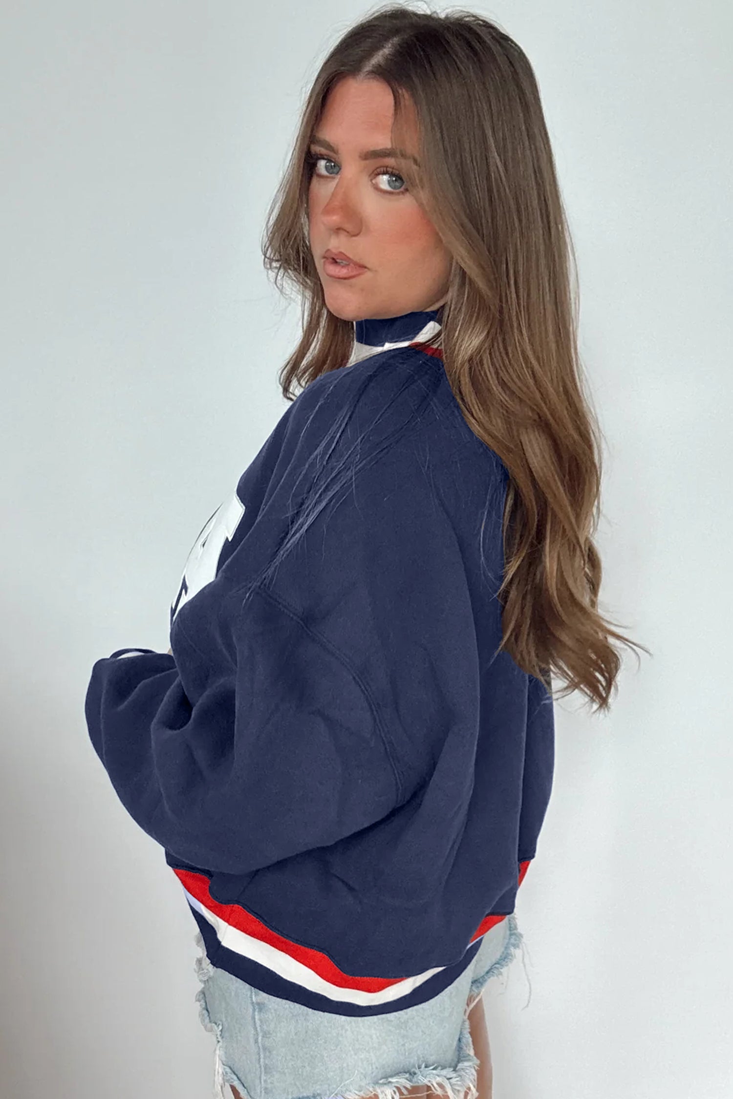Dirty blue USA Slogan Patch Embroidery Colorblock High Neck Long Sleeve Pullover Sweatshirt