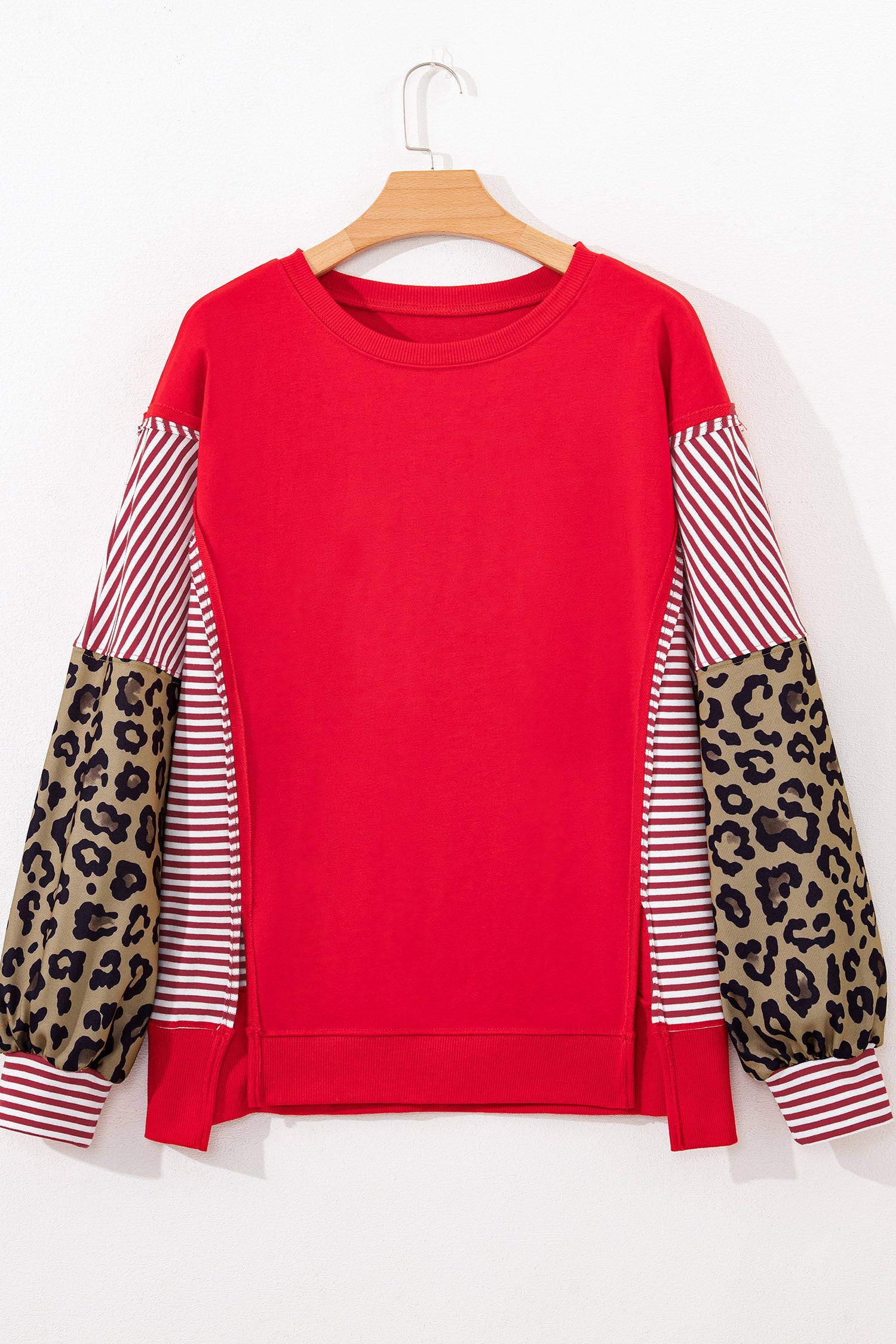 Fiery Red Striped Patchwork Sleeve Colorblock Sweatshirt