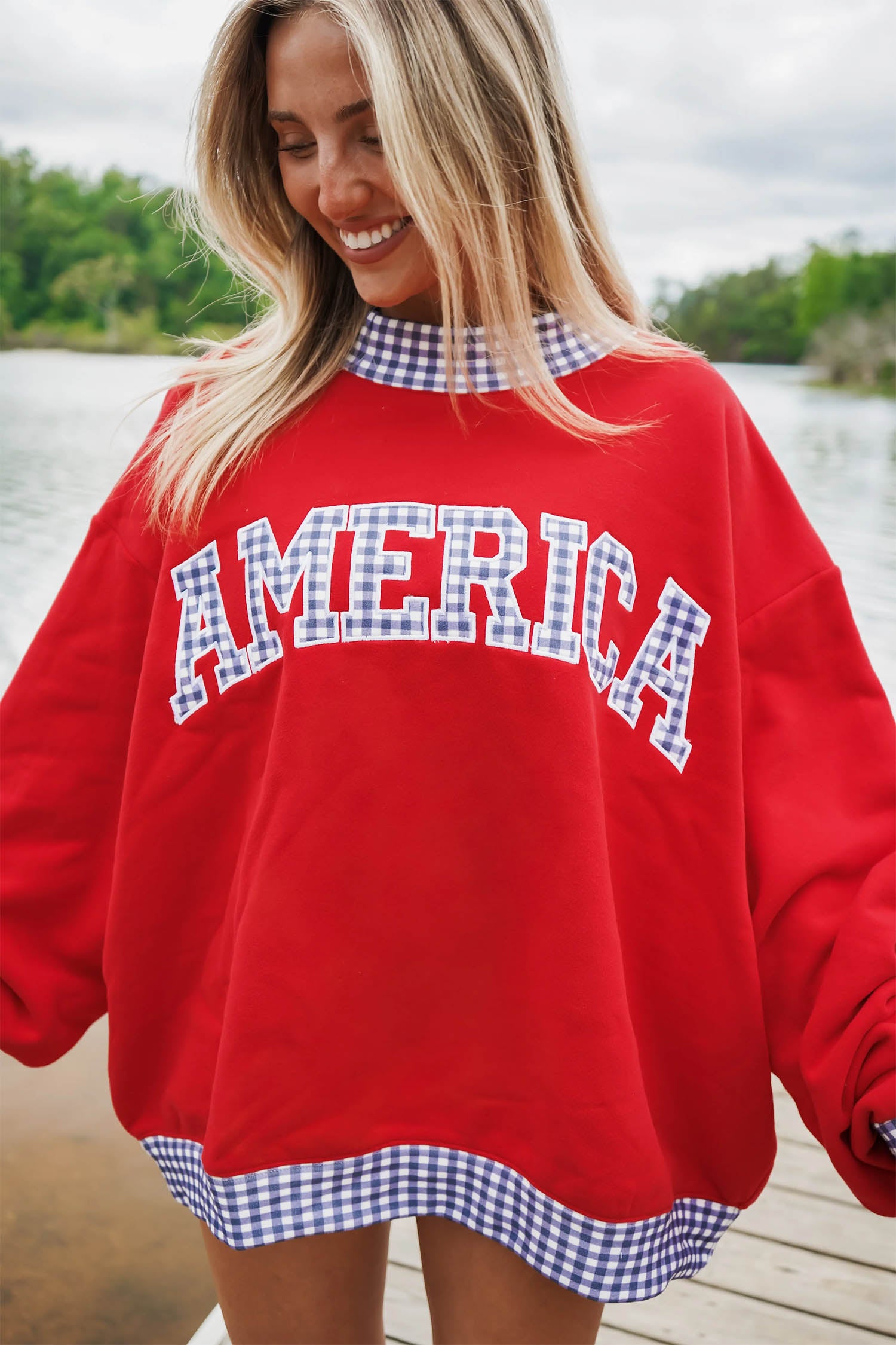 Fiery Red Oversized Sweatshirt High Neck Gingham Trim Letter Print Pullover