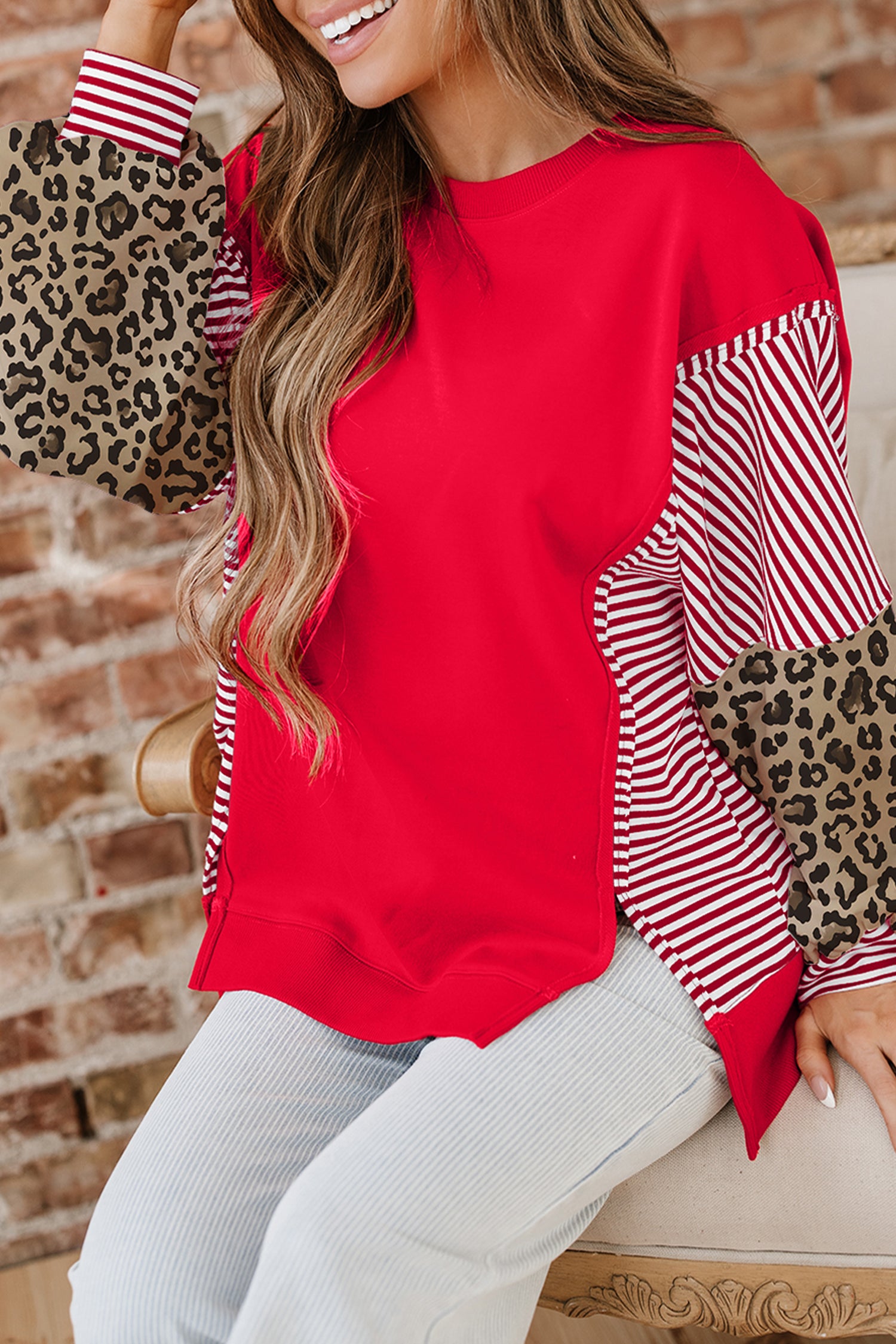 Fiery Red Striped Patchwork Sleeve Colorblock Sweatshirt