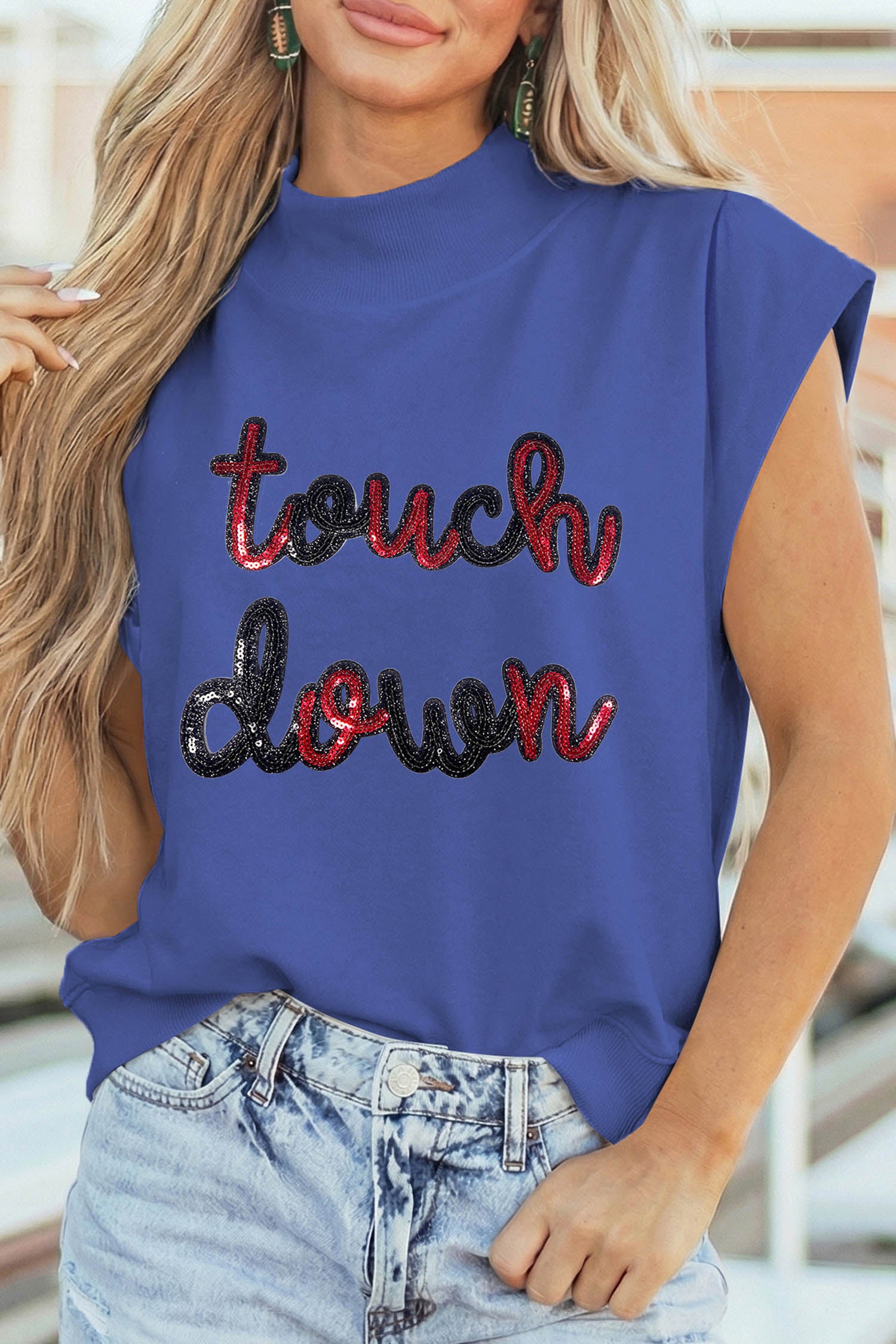 Sky Blue Touch Down Sequin Game Day Graphic High Neck Cap Sleeve Top