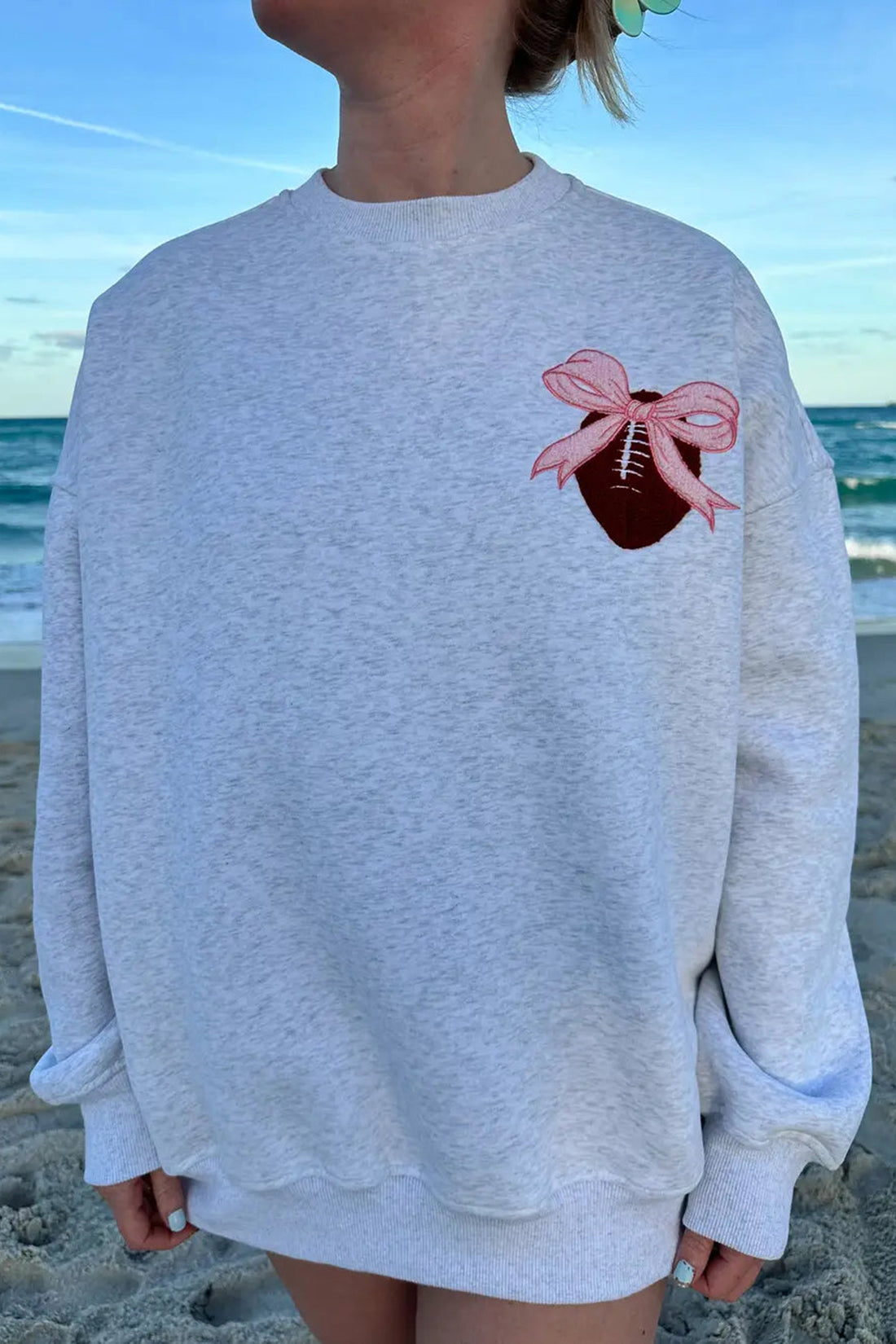 Light Grey Pearl Grey Pink Bow Football Game Day Embroider Sweatshirt