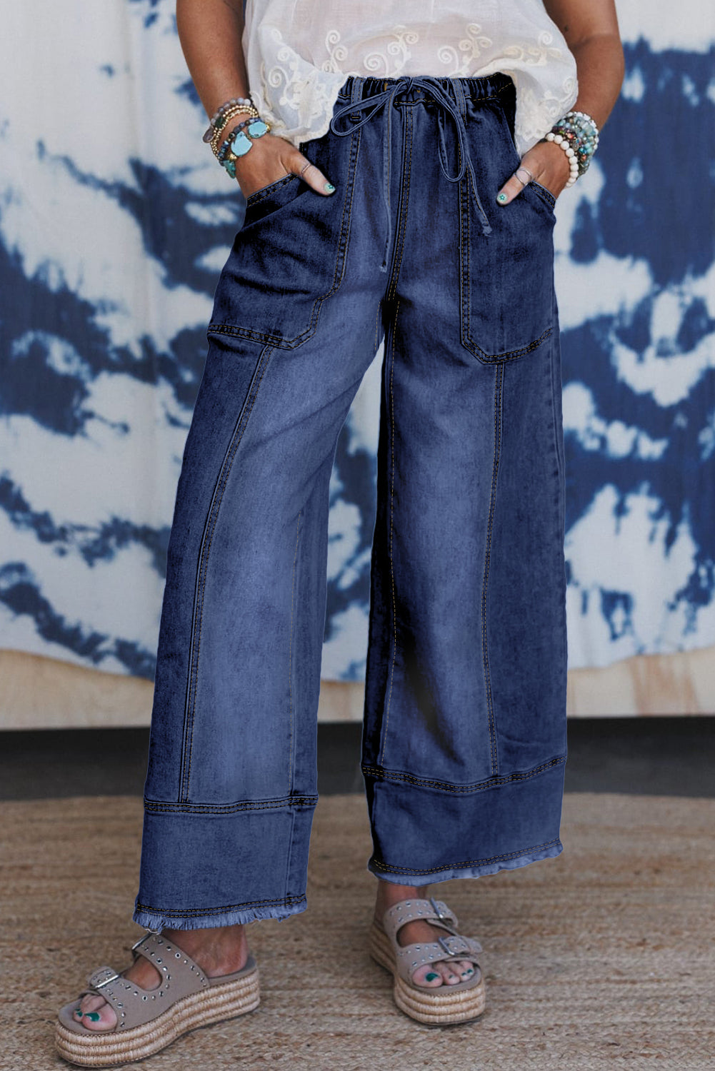 Gray Drawstring Seam Detail Raw Hem Wide Leg Jeans
