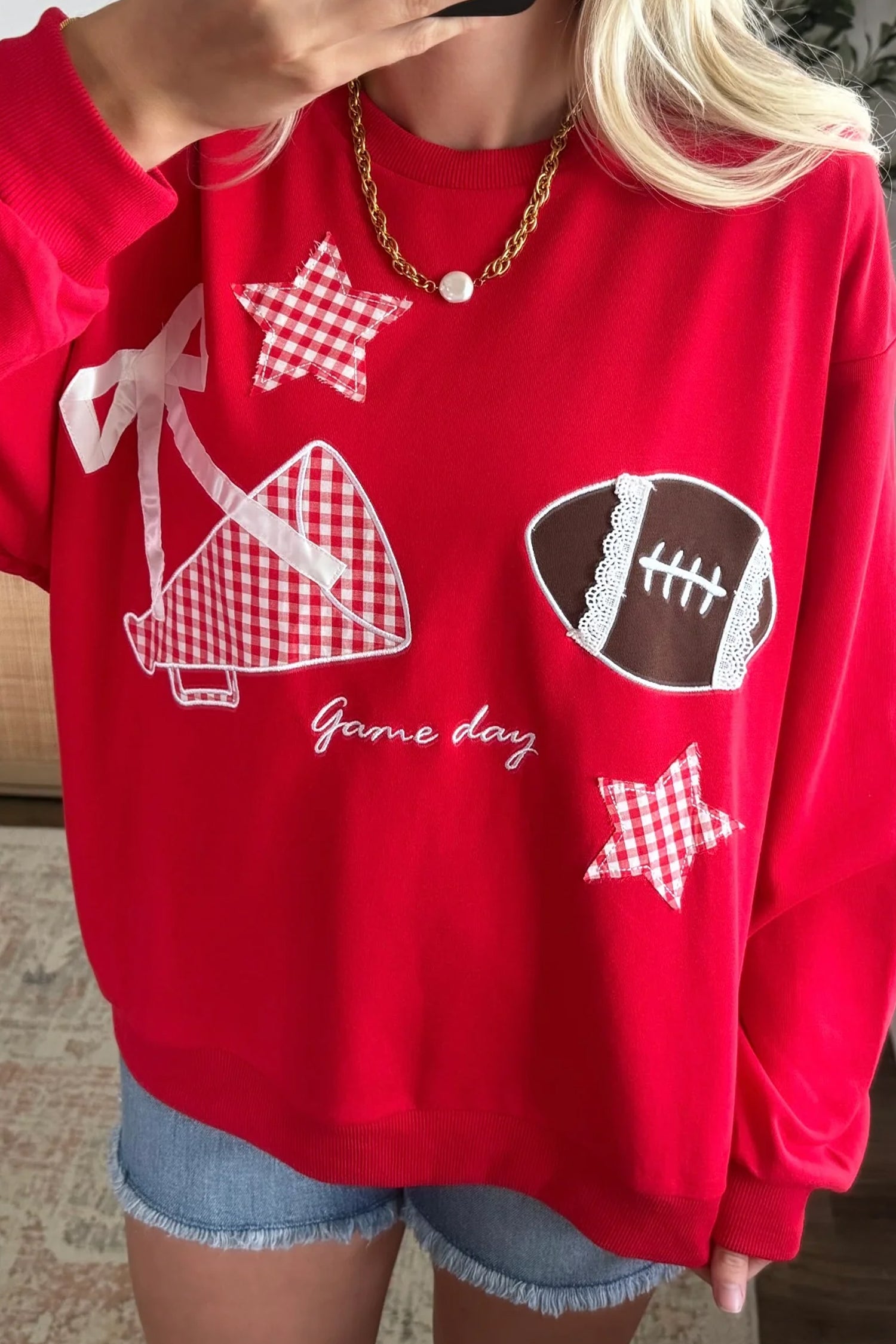 Racing Red Gingham Stars Lace Applique Football Game Day Sweatshirt
