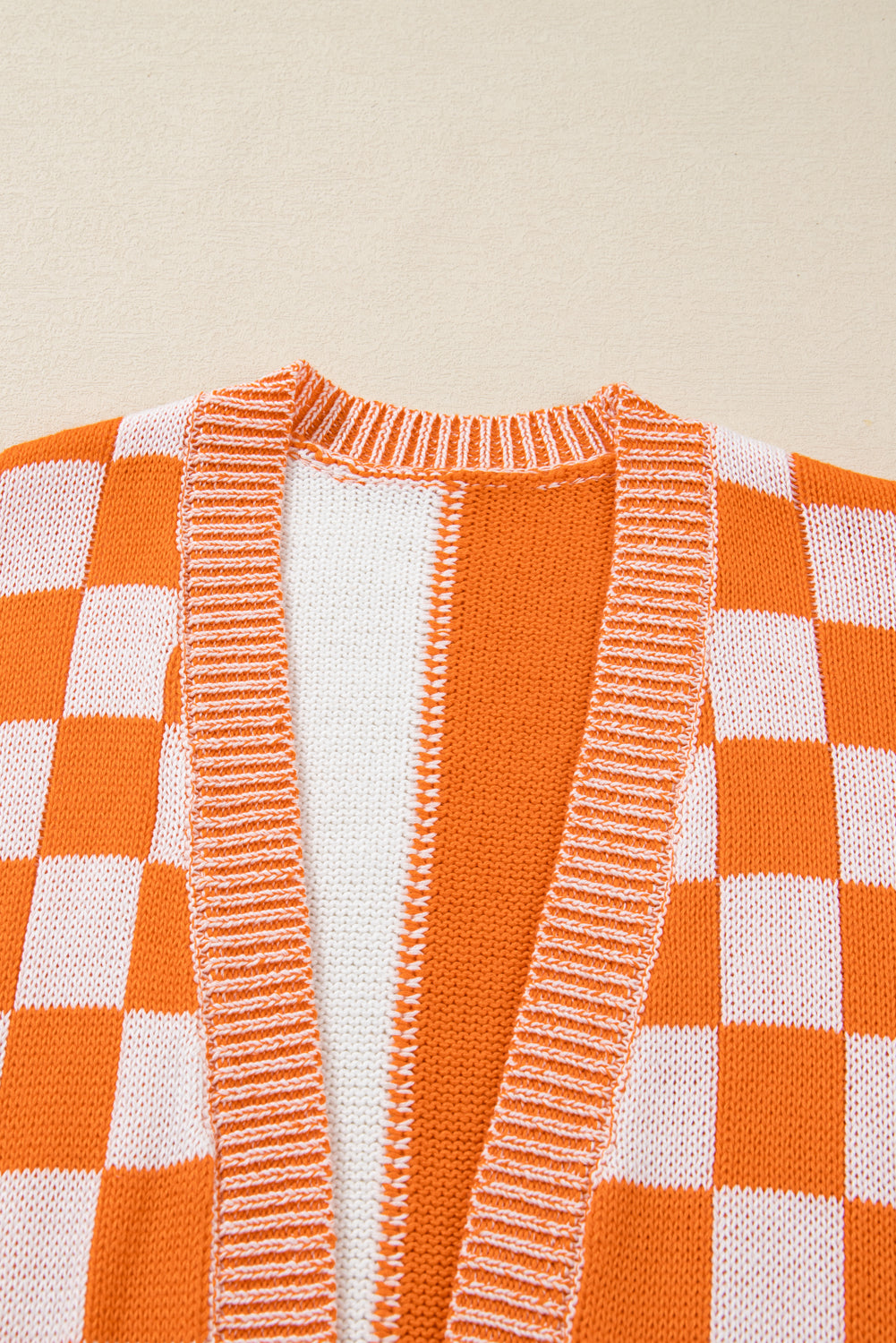 Orange Checkered Plus Size Drop Shoulder Knit Cardigan