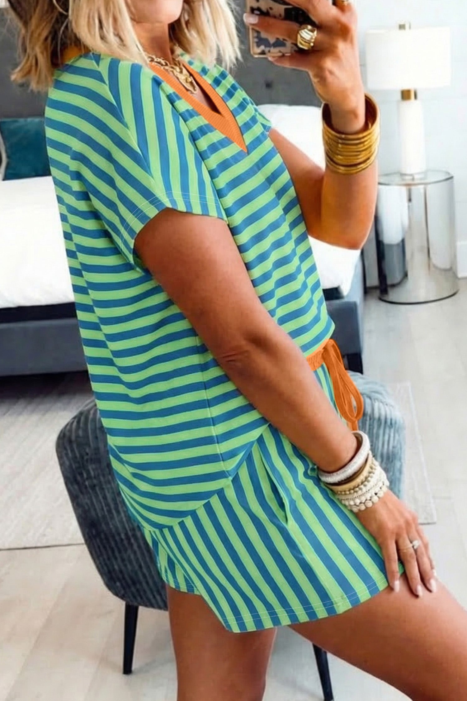 Red Stripe Colorblock Trim V Neck Tee Drawstring Elastic Waist Short Set