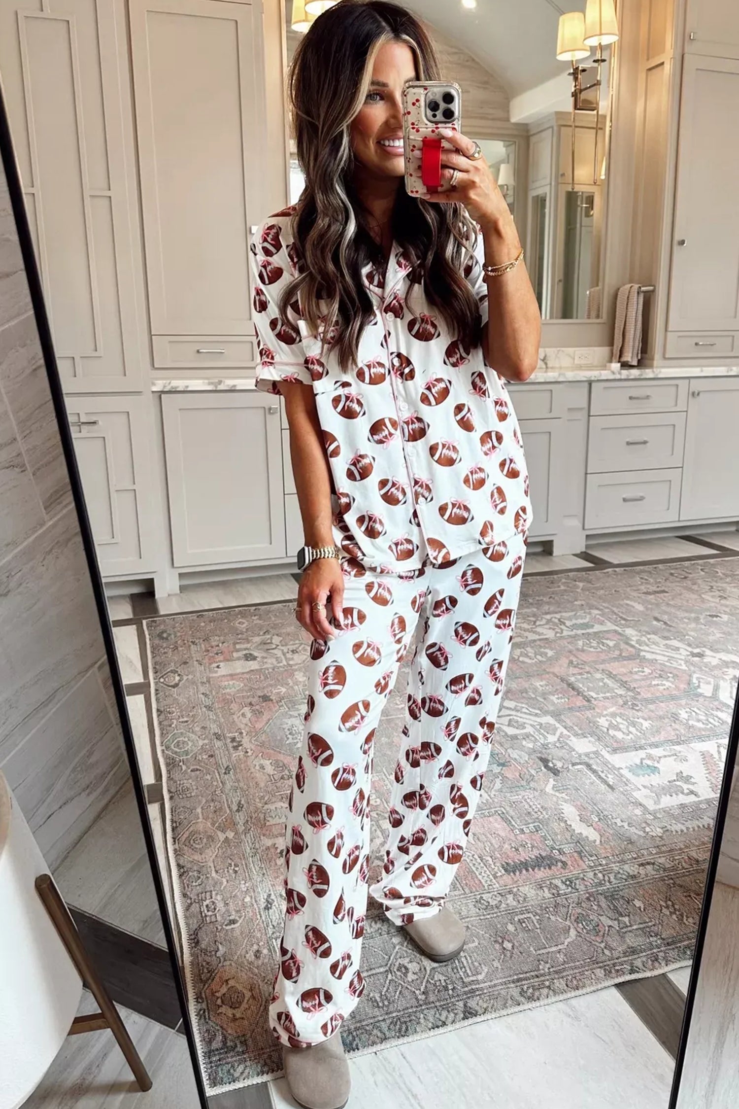 White Rugby Print Short Sleeve Button Down Top Loose Pants Game Day Pajama Set