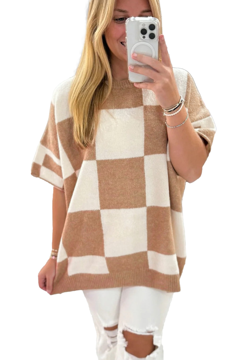 Black Checkered Pattern Loose Short Sleeve Sweater