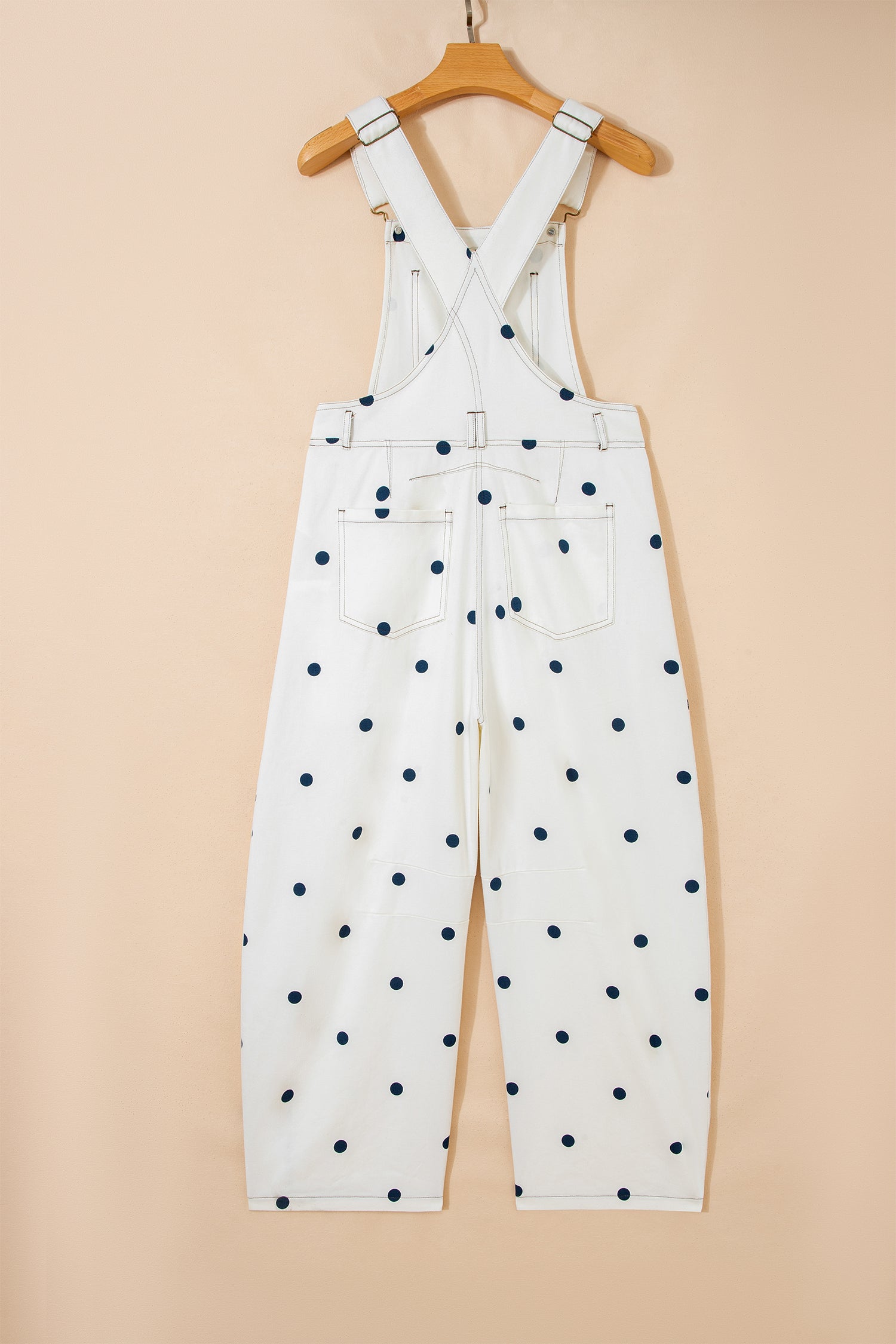 Light French Beige Polka Dot Print Bib Pocket Denim Barrel Overalls Jumpsuit
