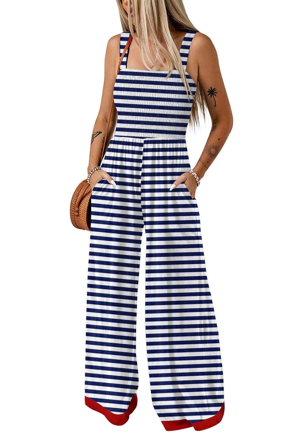 Green Stripe Square Neck Shirred Wide Leg Jumpsuit