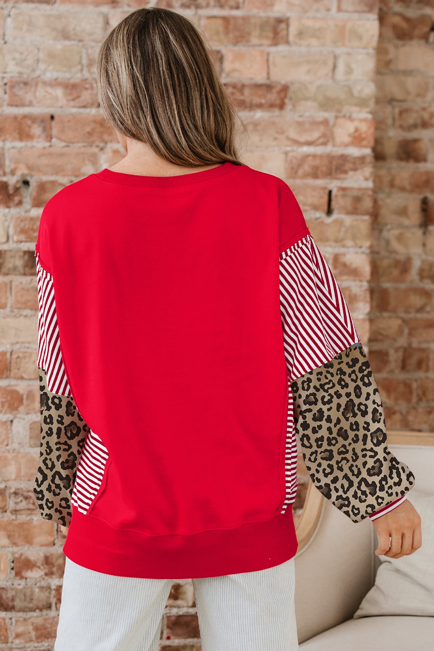 Fiery Red Striped Patchwork Sleeve Colorblock Sweatshirt