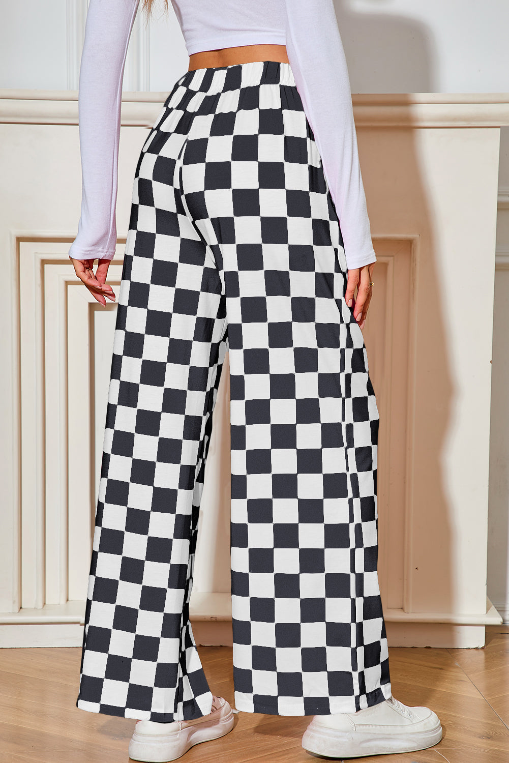 Red 2-Tone Checked Print High Waist Wide Leg Pants