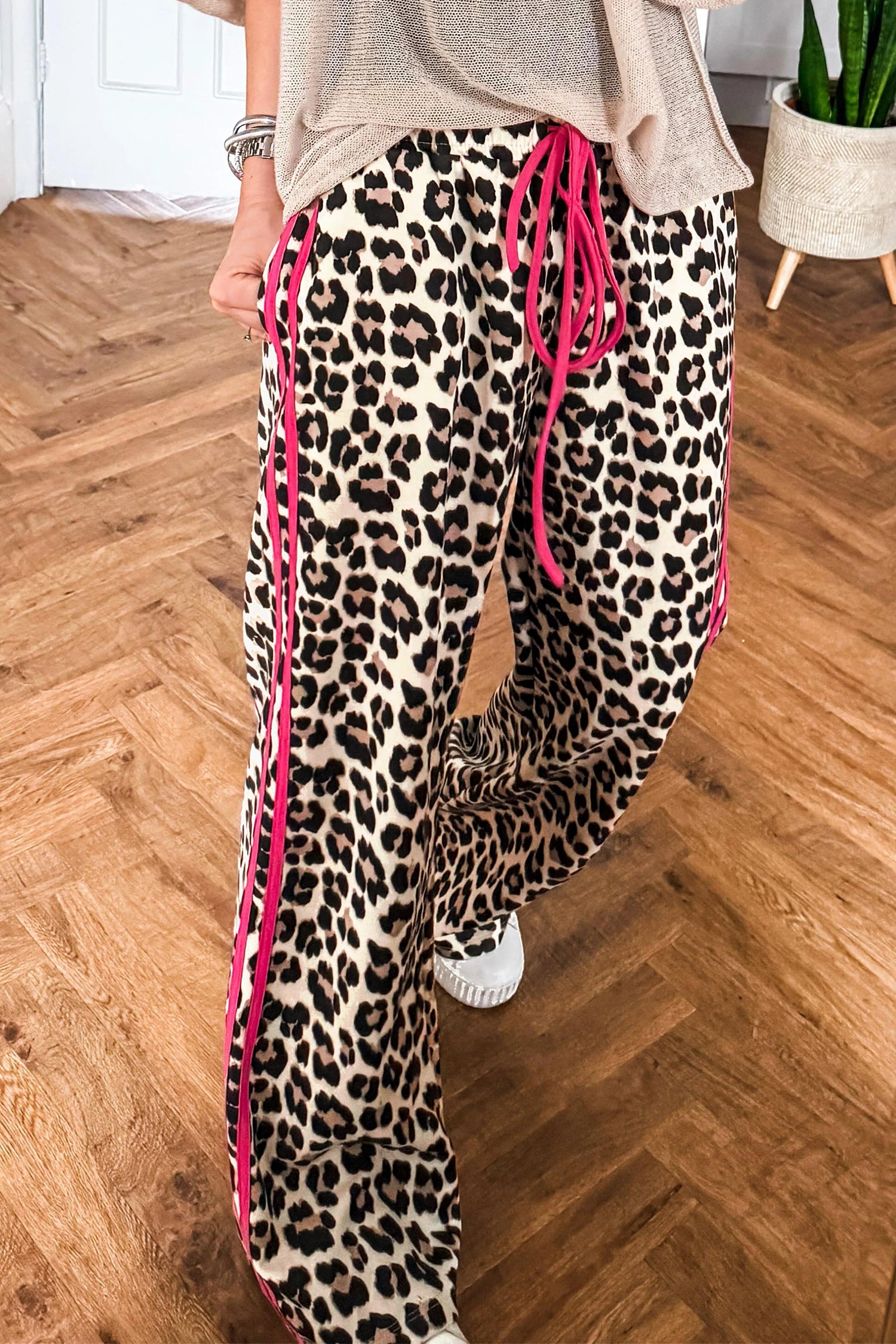 Red Side Stripe Leopard Wide leg Trousers