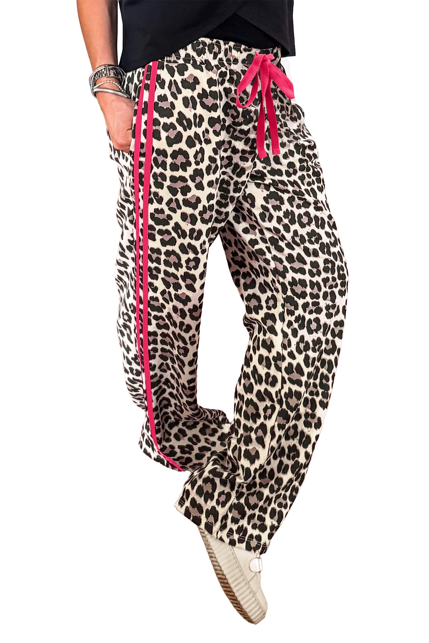 Red Side Stripe Leopard Wide leg Trousers