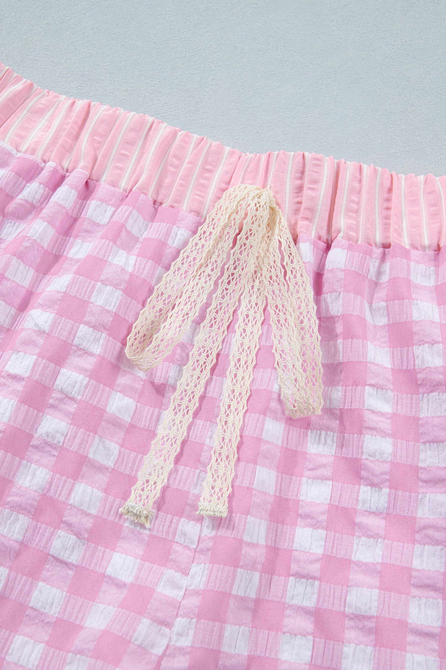 Sky Blue Gingham Print Ruffle Striped Detail Lace Tie Shorts