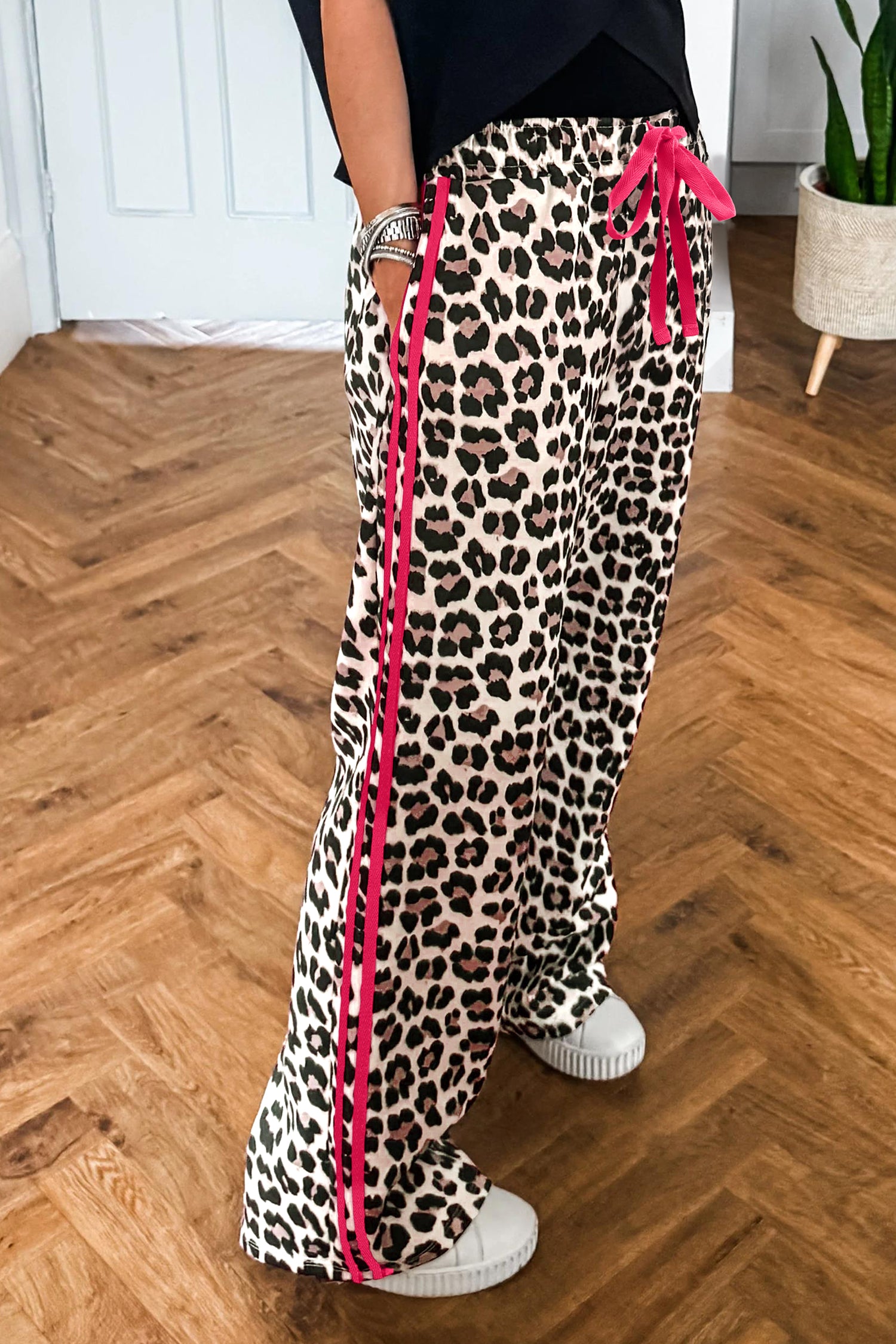 Red Side Stripe Leopard Wide leg Trousers