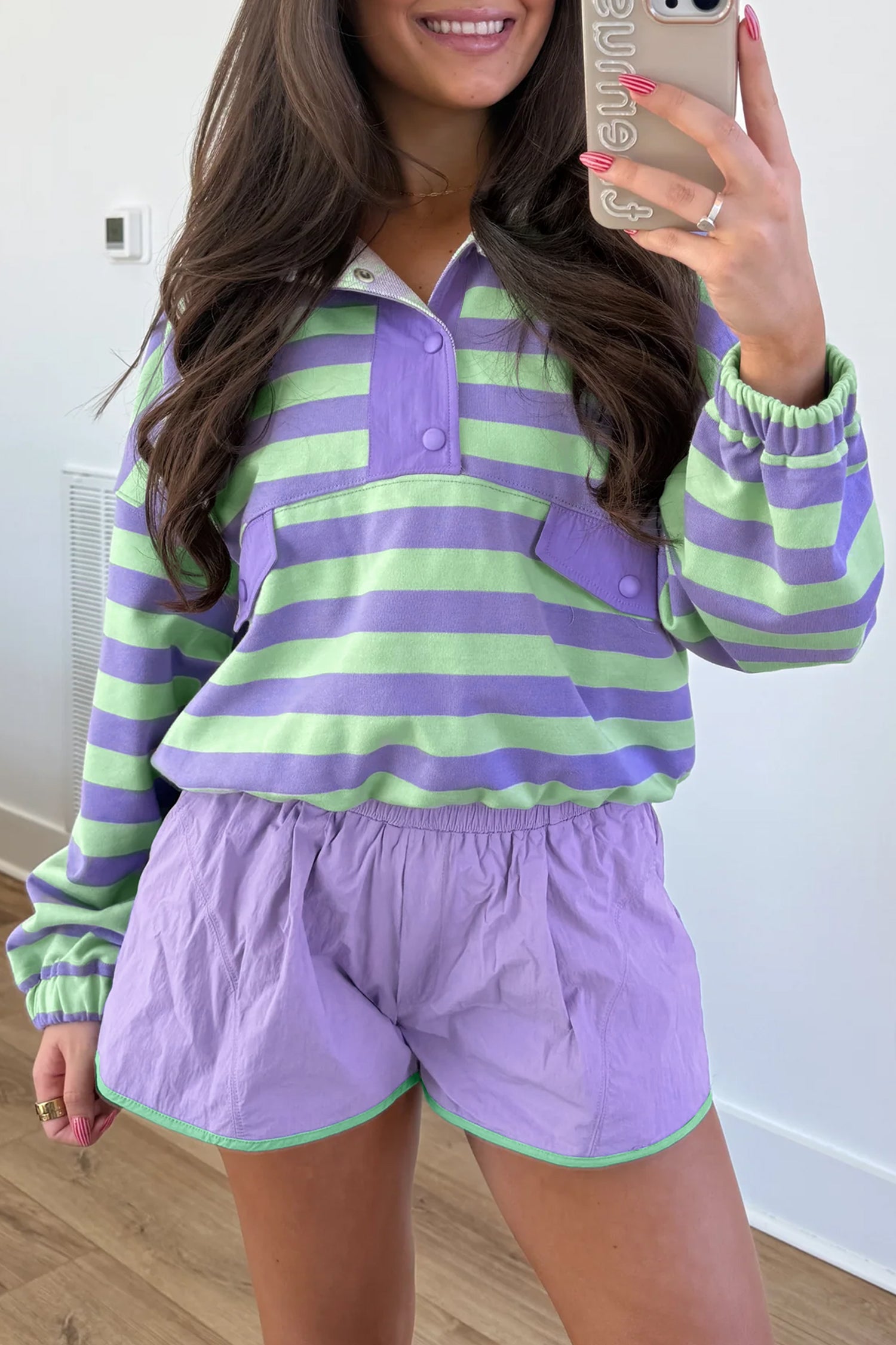 Purple Stripe Striped Patchwork Long Sleeve Two Piece Set