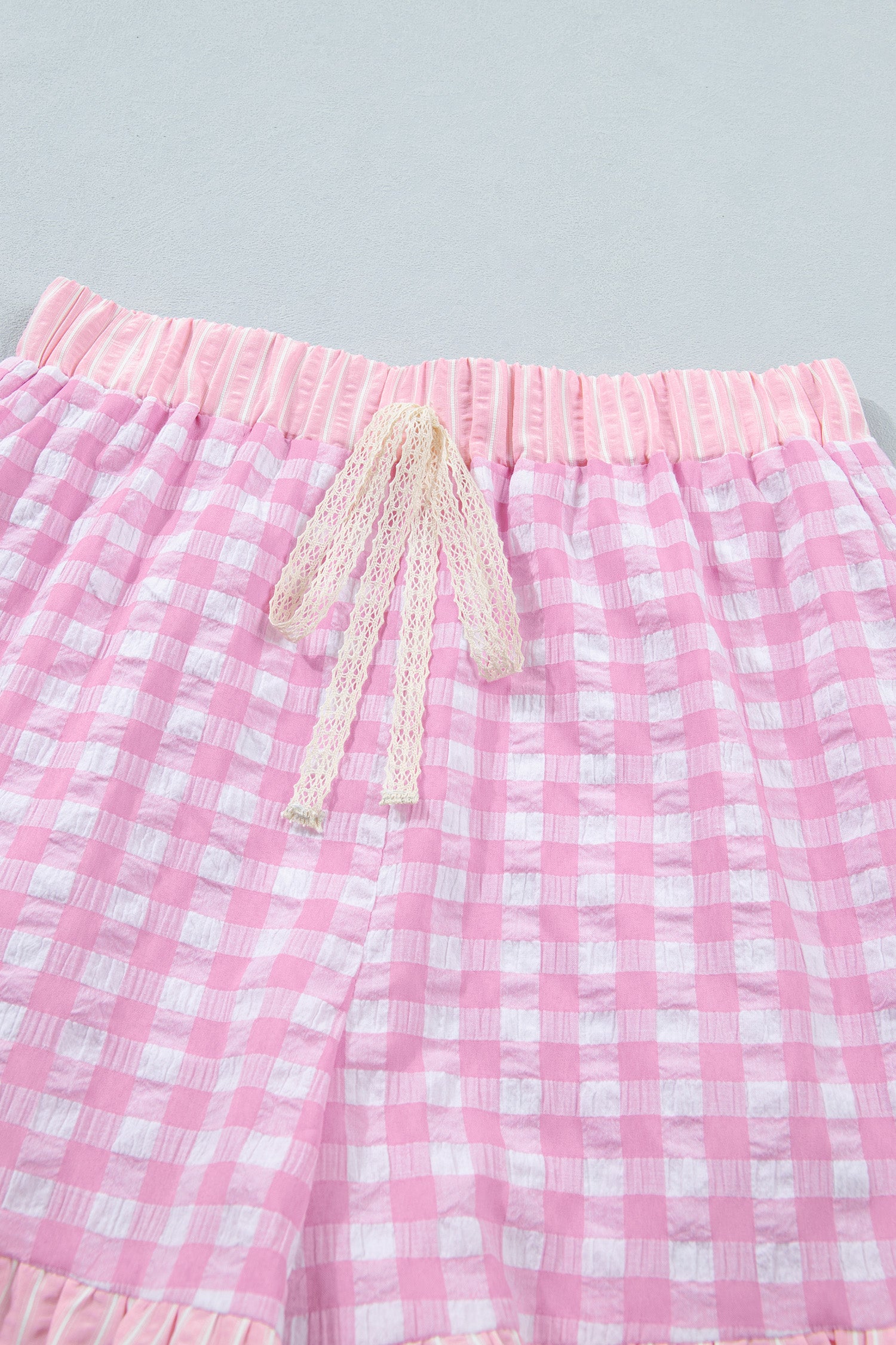 Sky Blue Gingham Print Ruffle Striped Detail Lace Tie Shorts