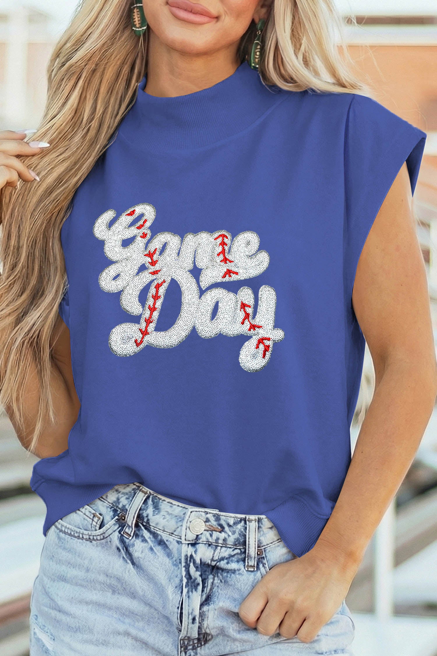 Sky Blue Sequin Game Day Slogan High Neck Short Sleeve Top