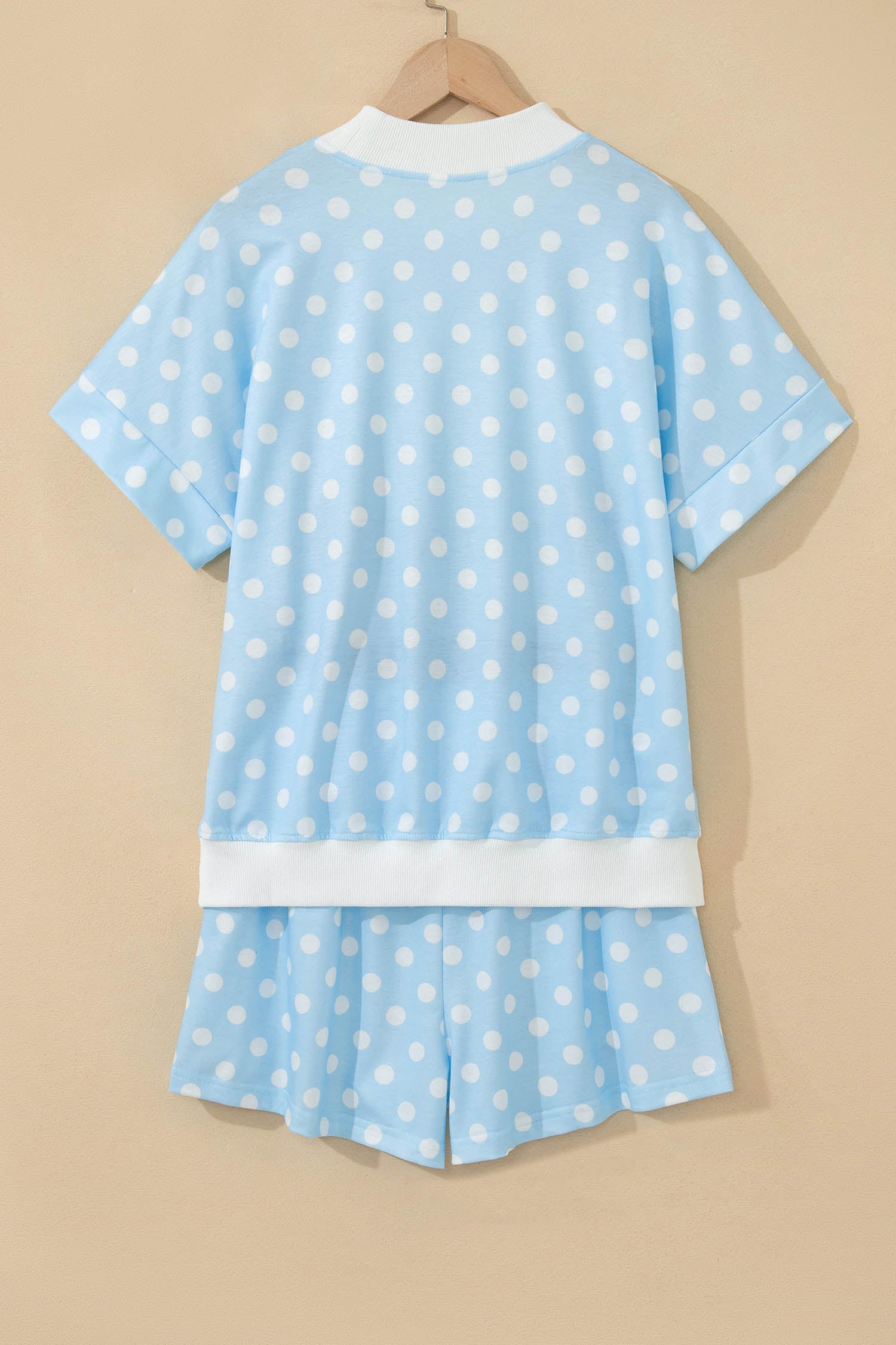 Sky Blue Polka Dot USA Chenille Lettering High Neck Short Sleeve Casual Shorts Set