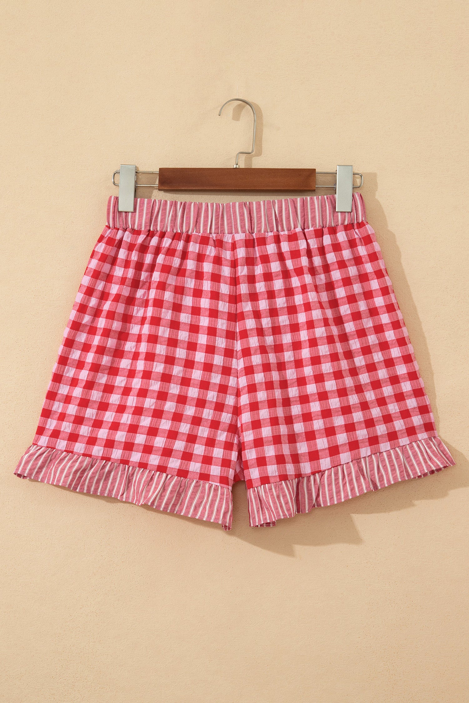 Sky Blue Gingham Print Ruffle Striped Detail Lace Tie Shorts