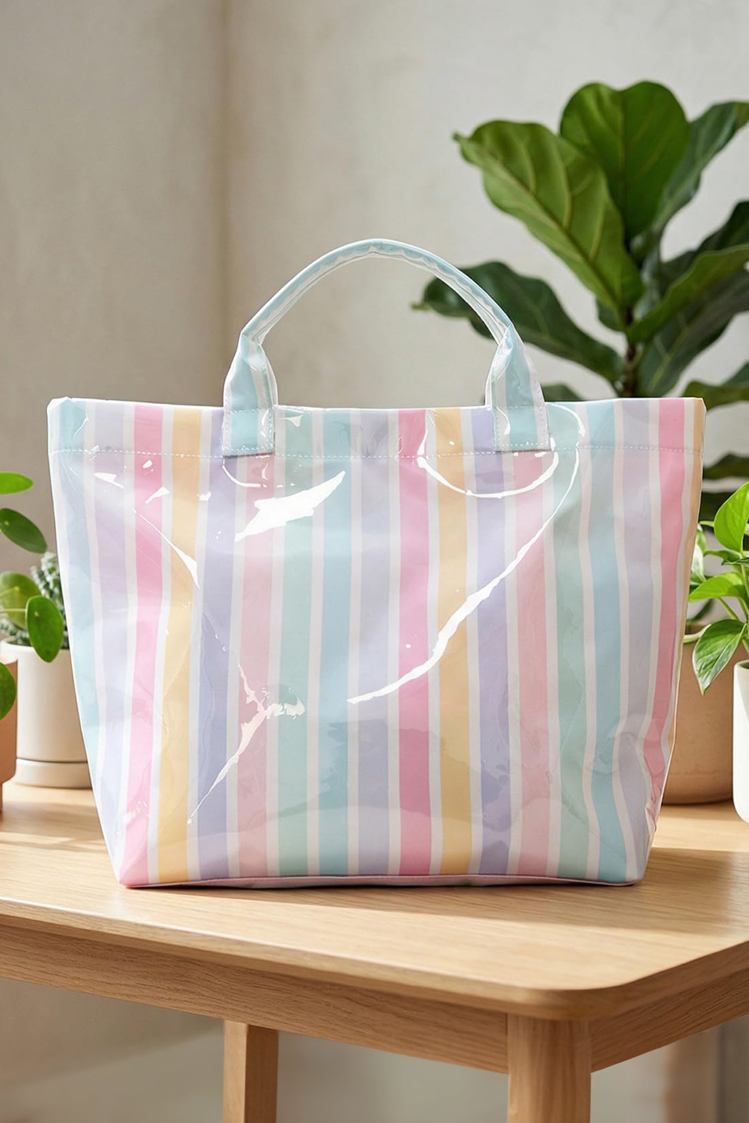 Rose Red Glossy Striped Vinyl Large Tote Bag