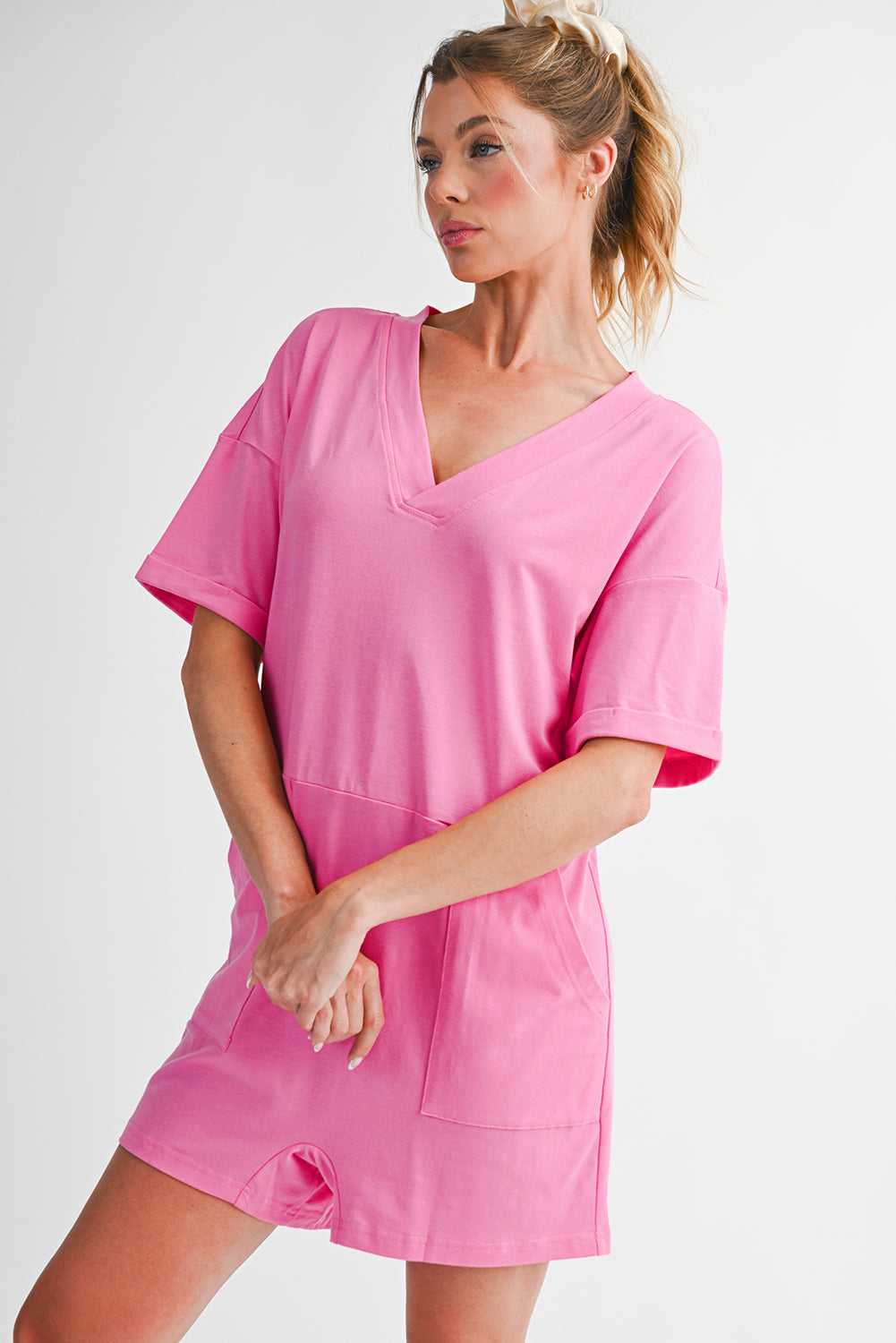 Myosotis Loose Half Sleeve V Neck Plain Romper