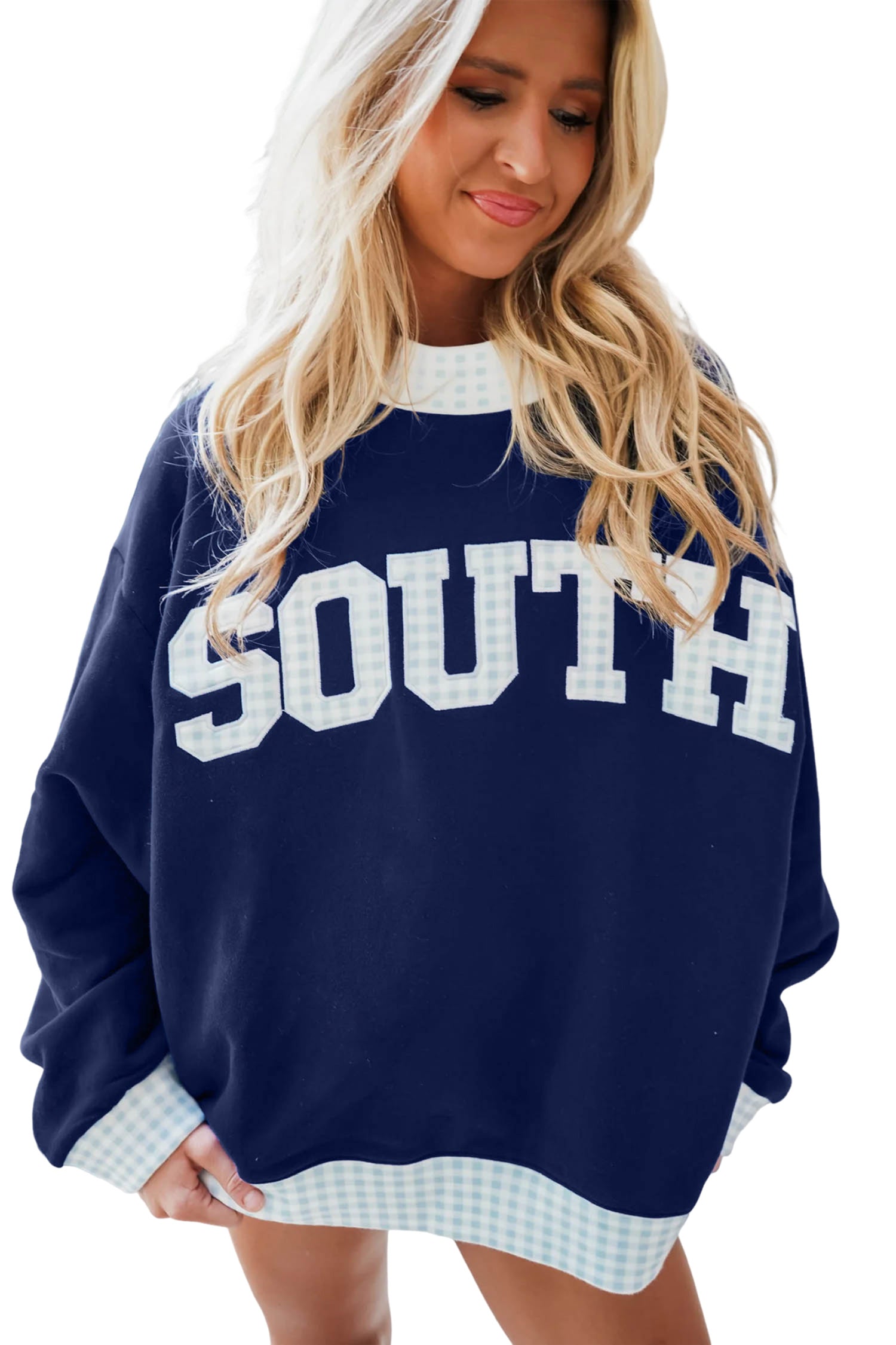 Sail Blue Plaid High Neck Sweatshirt Colorblock Lettering Casual Shift Fit Pullover