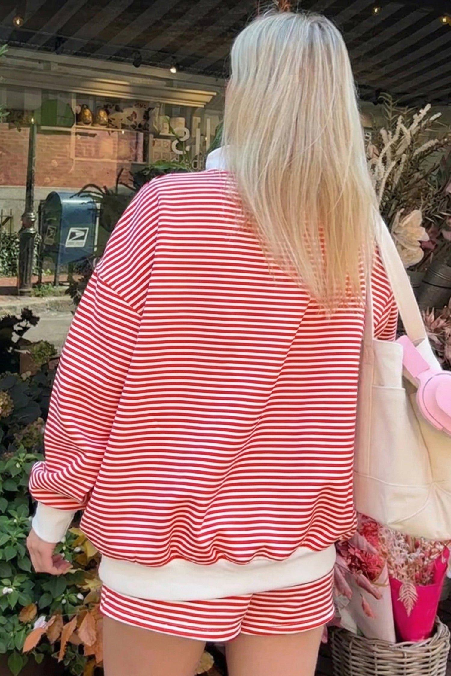 Red Stripe Oversize Mock Neck Sweatshirt and Shorts Set
