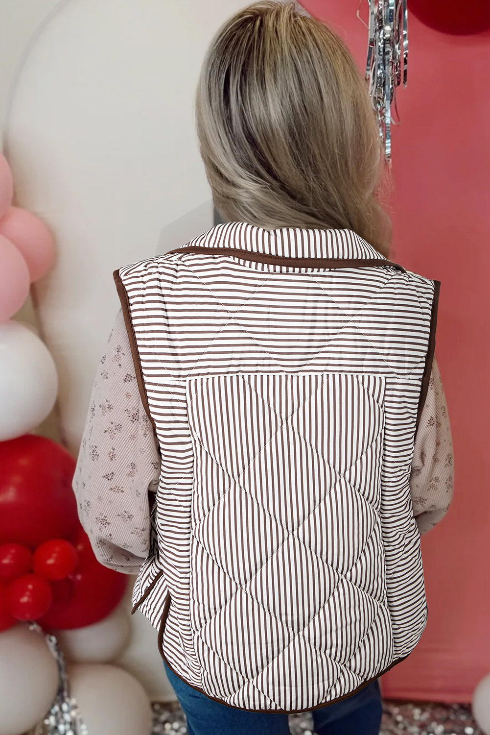 Black Striped Snap Button Scalloped Hem Winter Vest