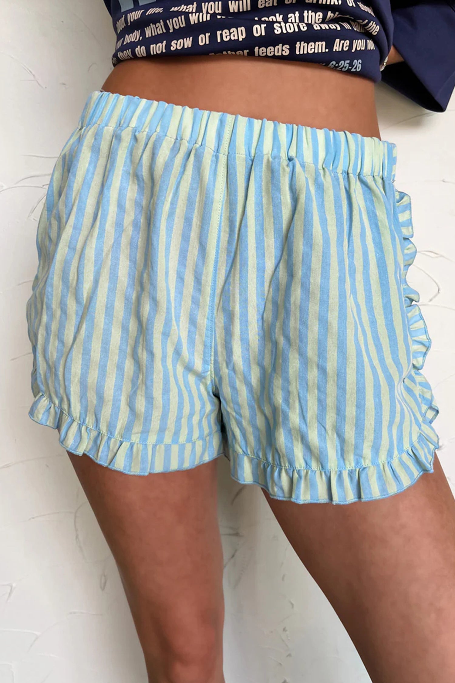Rose Stripe Elastic Waist Ruffle Trim Casual Shorts