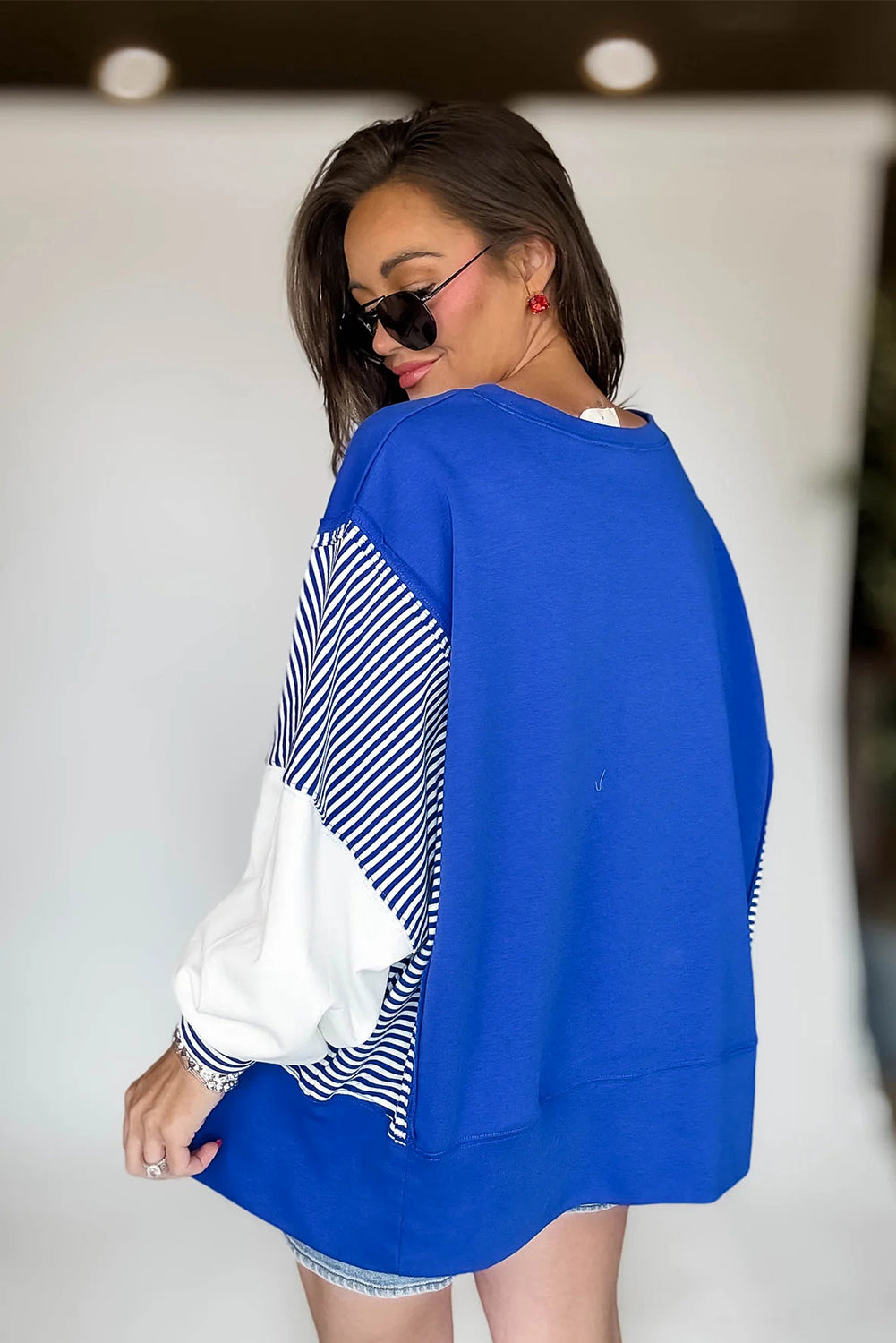 Fiery Red Striped Patchwork Sleeve Colorblock Sweatshirt