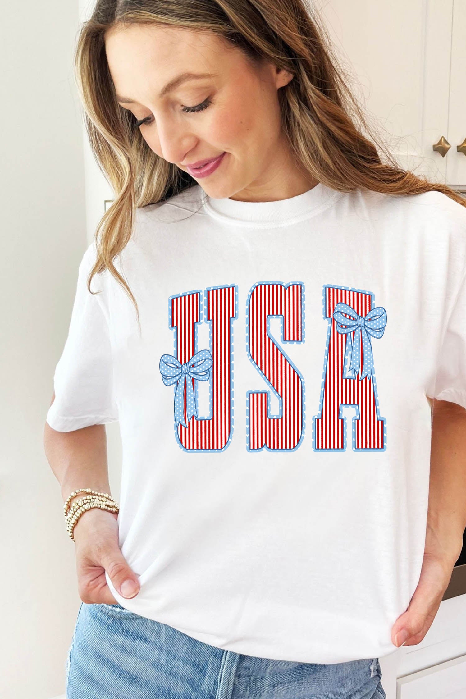 White USA Patriotic Letter Print Summer Casual T Shirt