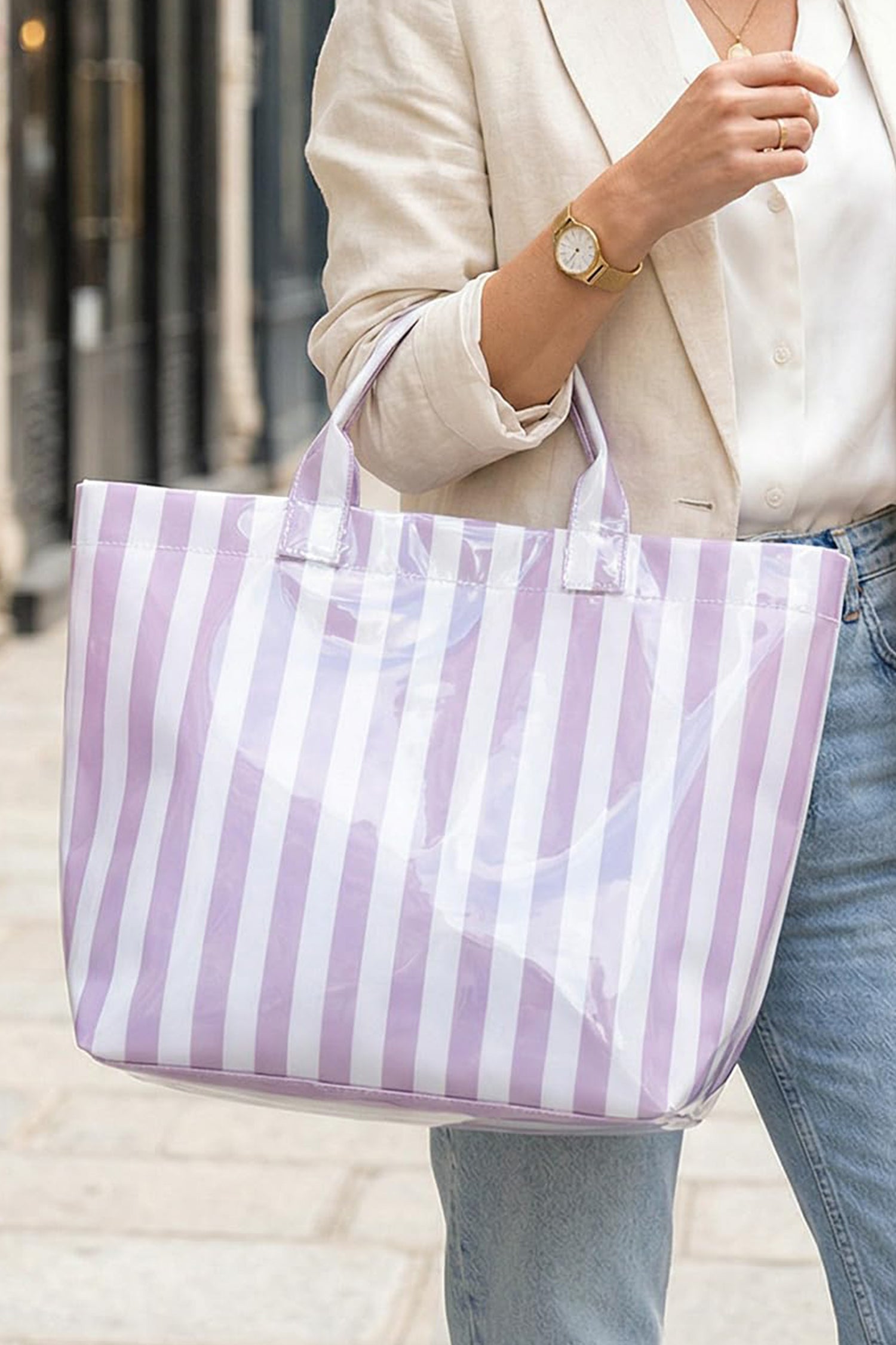 Rose Red Glossy Striped Vinyl Large Tote Bag