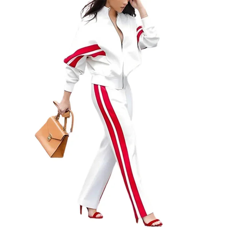 Yeezzi 2024 New Spring Women Fashion Casual Striped Straight Leg Pants Loose Long Sleeves Zipper Stand Collar Jackets Outerwear