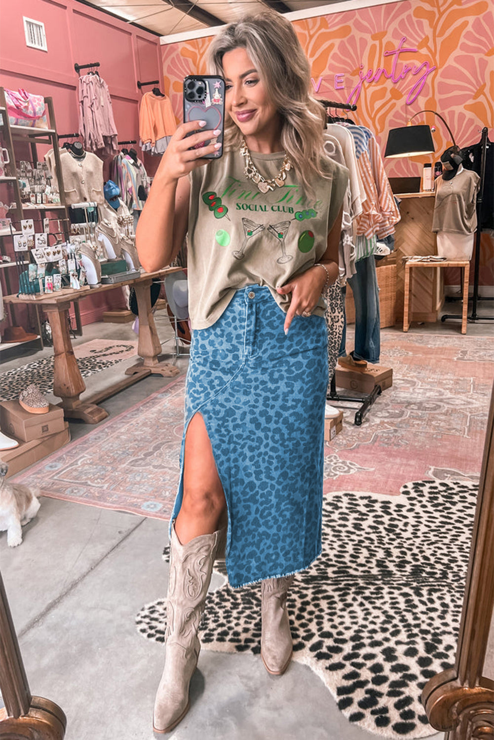 Brown Leopard Print Frayed Edge Denim Skirt Long Casual Daily Wear