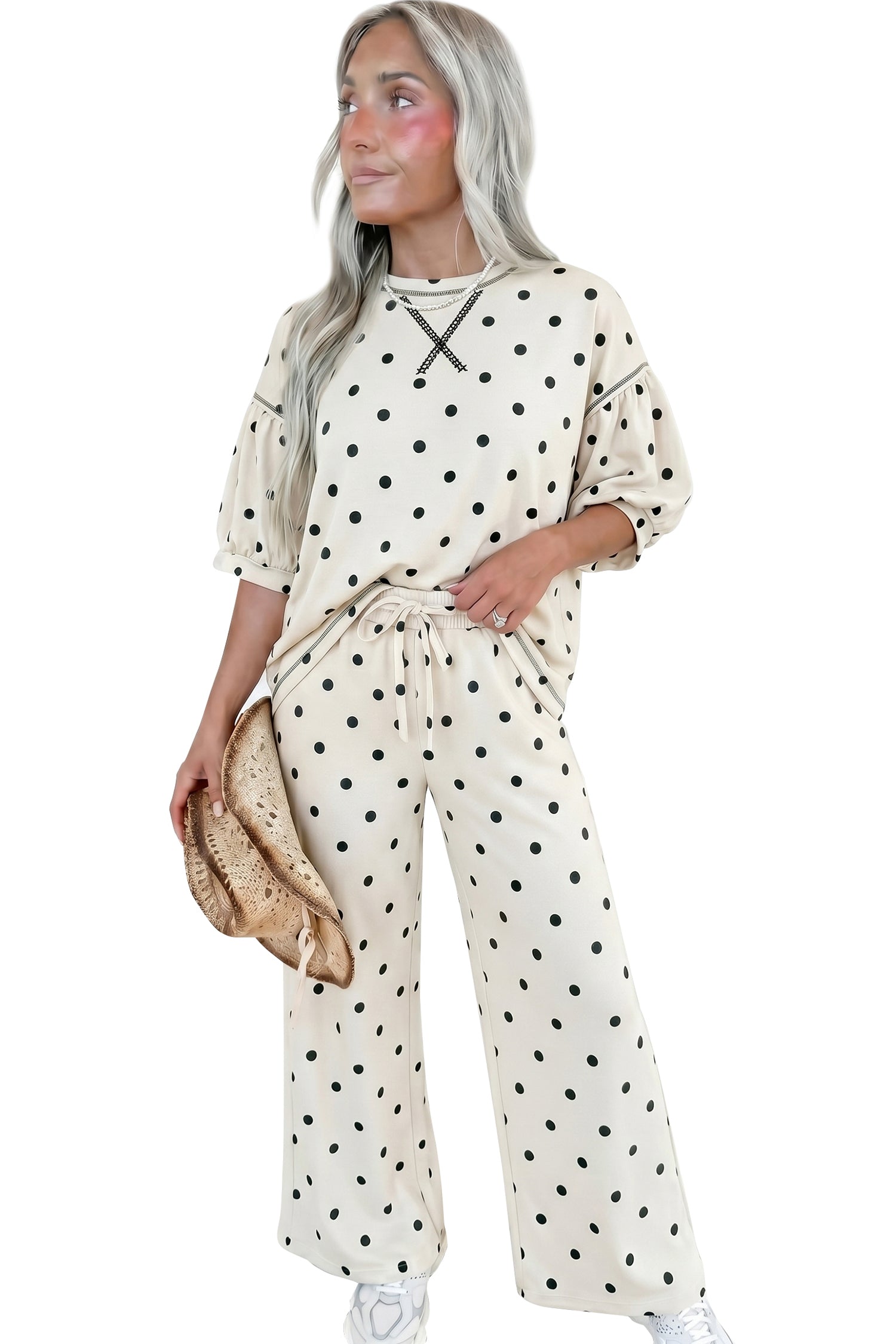 Beige Polka Dot Two Piece Set Casual Half Sleeve Shift Daily Wear Pantsuit