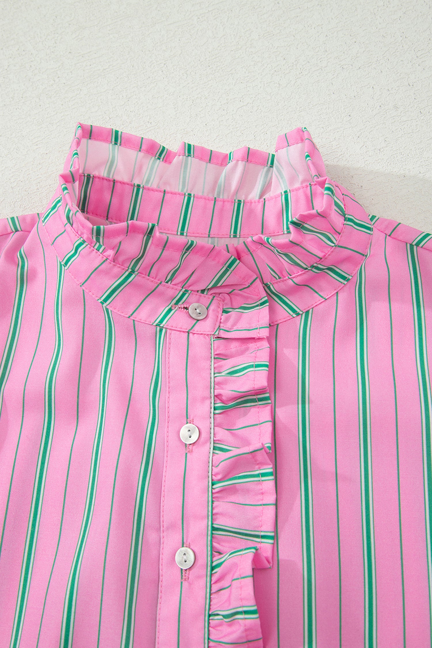 Pink Stripe Half Button Ruffle Trim Short Puff Sleeve Blouse