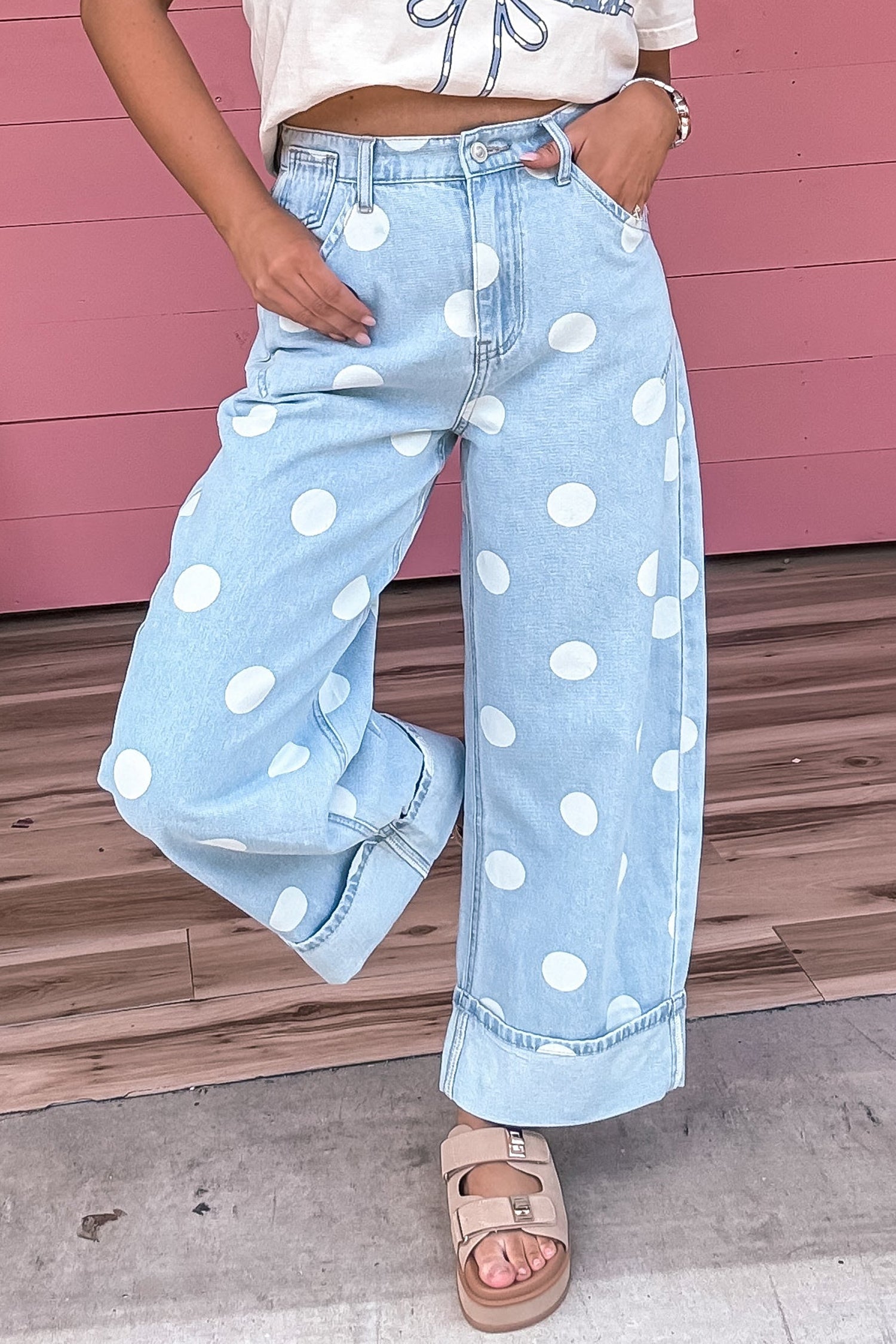 Sky Blue Casual Polka Dot Ankle-Length Regular Jeans