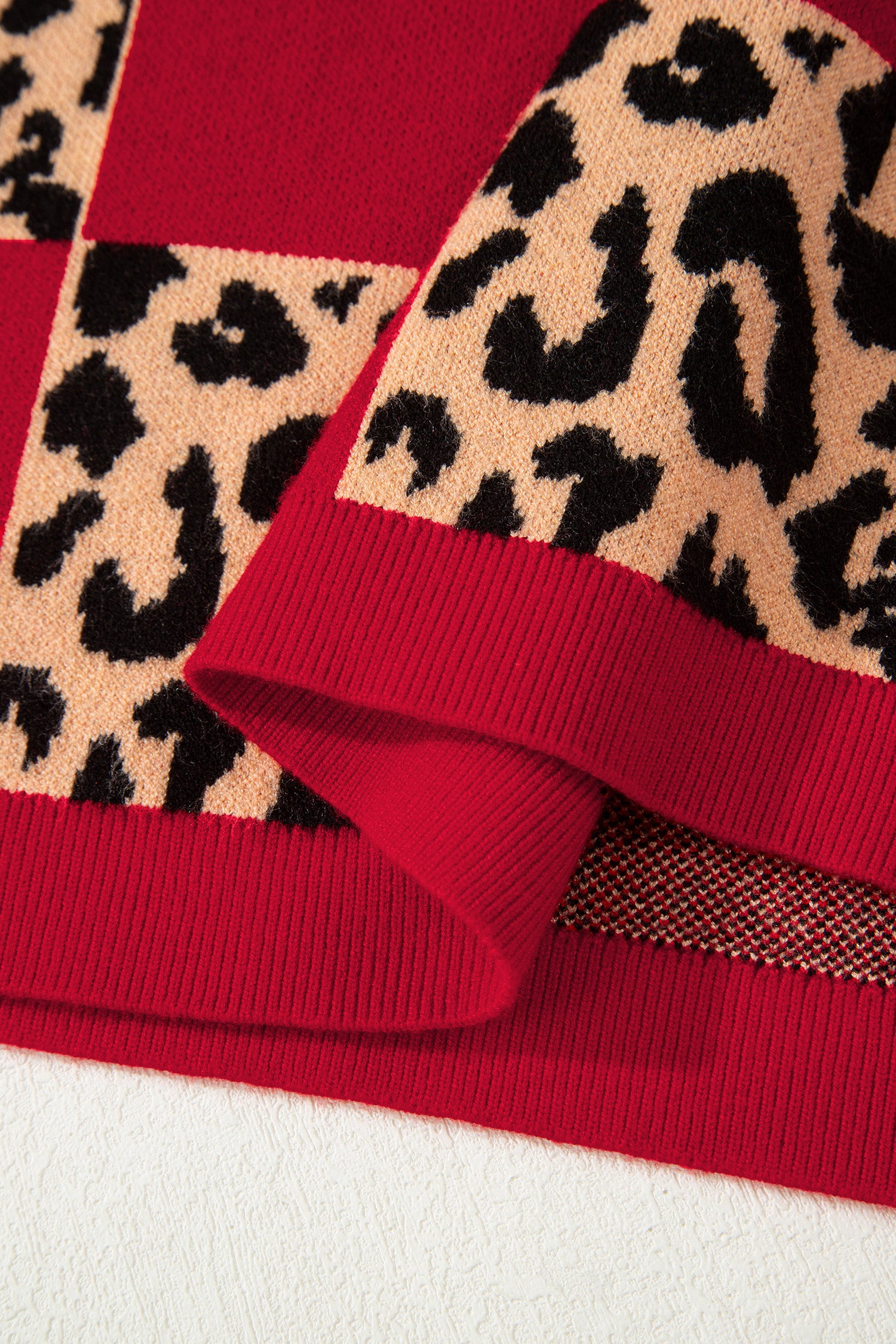 Rose Red Leopard Checkerboard Short Sleeve Knit Sweater
